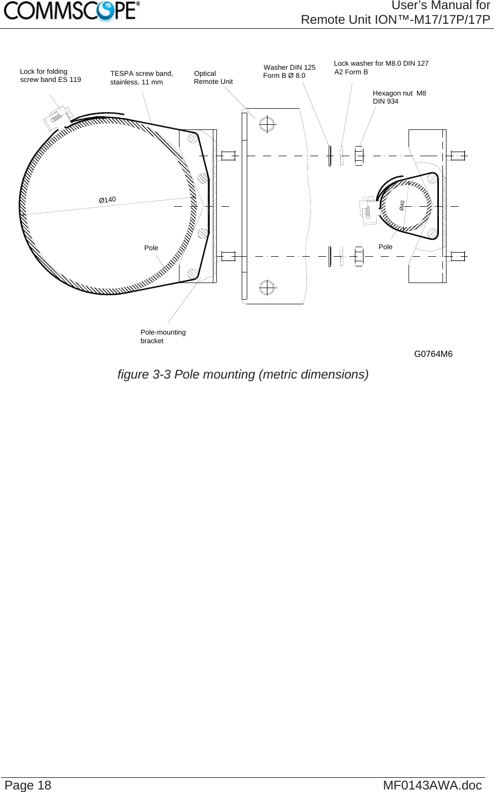 User’s Manual forRemote Unit ION™-M17/17P/17P Page 18  MF0143AWA.doc G0764M6Lock for folding screw band ES 119 TESPA screw band, stainless, 11 mm Optical Remote UnitWasher DIN 125 Form B Ø 8.0Lock washer for M8.0 DIN 127 A2 Form B Hexagon nut  M8 DIN 934PolePolePole-mounting bracketØ140Ø40 figure 3-3 Pole mounting (metric dimensions)   