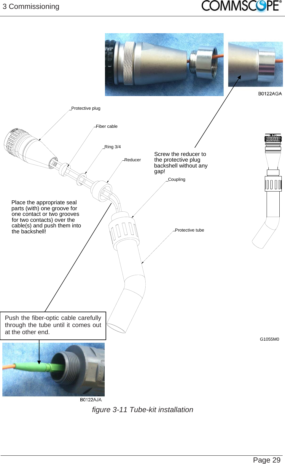 3 Commissioning   Page 29    Screw the reducer to the protective plug backshell without any gap!Place the appropriate seal parts (with) one groove for one contact or two grooves for two contacts) over the cable(s) and push them into the backshell! Protective tubeReducerCouplingProtective plugFiber cableRing 3/4G1055M0   figure 3-11 Tube-kit installation  Push the fiber-optic cable carefully through the tube until it comes out at the other end. 