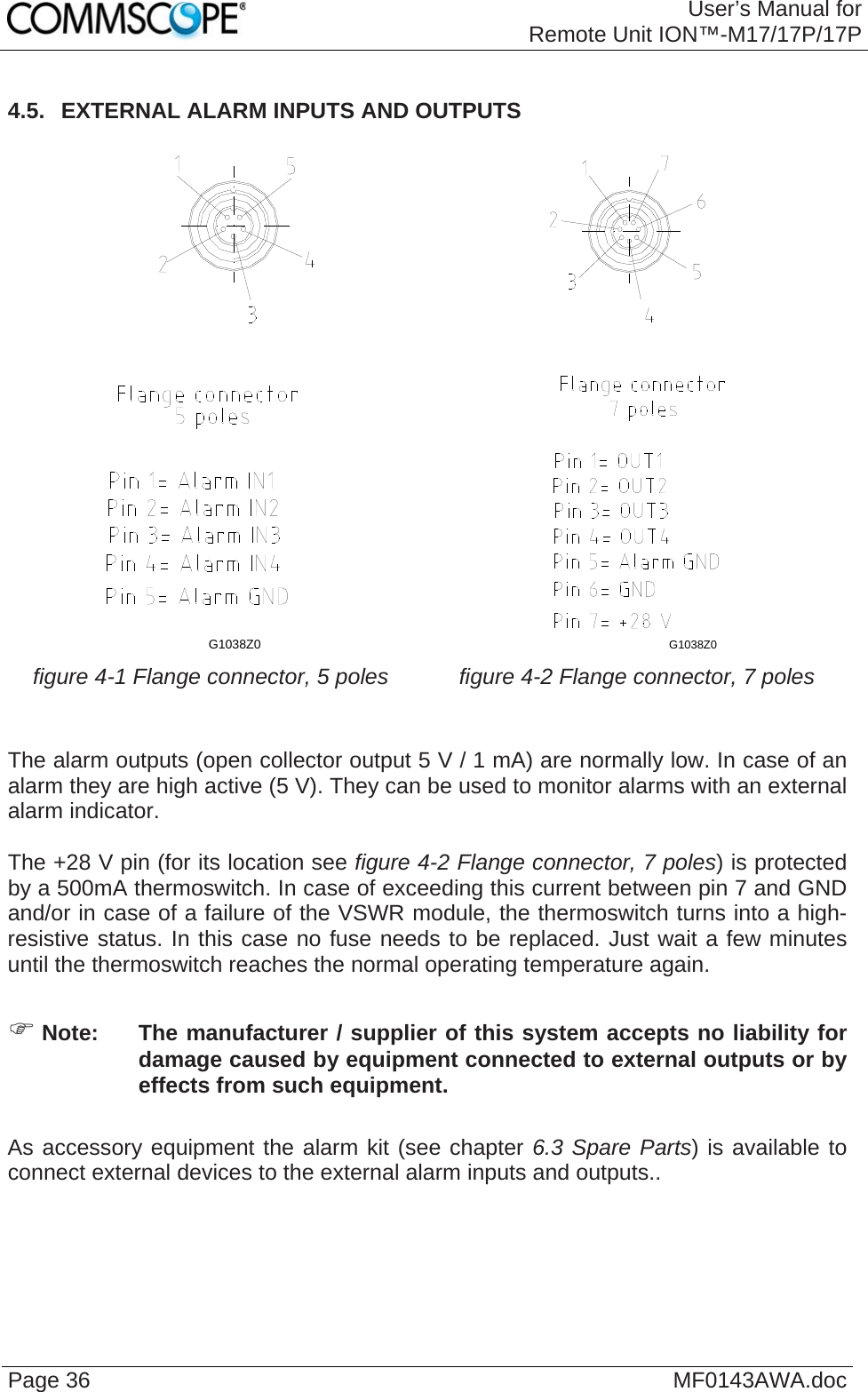 User’s Manual forRemote Unit ION™-M17/17P/17P Page 36  MF0143AWA.doc4.5.  EXTERNAL ALARM INPUTS AND OUTPUTS  G1038Z0  G1038Z0  figure 4-1 Flange connector, 5 poles  figure 4-2 Flange connector, 7 poles   The alarm outputs (open collector output 5 V / 1 mA) are normally low. In case of an alarm they are high active (5 V). They can be used to monitor alarms with an external alarm indicator.  The +28 V pin (for its location see figure 4-2 Flange connector, 7 poles) is protected by a 500mA thermoswitch. In case of exceeding this current between pin 7 and GND and/or in case of a failure of the VSWR module, the thermoswitch turns into a high-resistive status. In this case no fuse needs to be replaced. Just wait a few minutes until the thermoswitch reaches the normal operating temperature again.   Note:  The manufacturer / supplier of this system accepts no liability for damage caused by equipment connected to external outputs or by effects from such equipment.  As accessory equipment the alarm kit (see chapter 6.3 Spare Parts) is available to connect external devices to the external alarm inputs and outputs..   