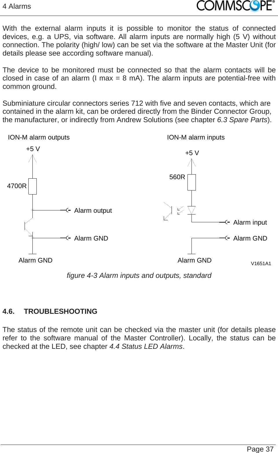 4 Alarms   Page 37With the external alarm inputs it is possible to monitor the status of connected devices, e.g. a UPS, via software. All alarm inputs are normally high (5 V) without connection. The polarity (high/ low) can be set via the software at the Master Unit (for details please see according software manual).  The device to be monitored must be connected so that the alarm contacts will be closed in case of an alarm (I max = 8 mA). The alarm inputs are potential-free with common ground.  Subminiature circular connectors series 712 with five and seven contacts, which are contained in the alarm kit, can be ordered directly from the Binder Connector Group, the manufacturer, or indirectly from Andrew Solutions (see chapter 6.3 Spare Parts).  V1651A1Alarm outputAlarm GNDAlarm GNDAlarm GNDAlarm GNDAlarm inputION-M alarm outputs4700R+5 VION-M alarm inputs+5 V560R figure 4-3 Alarm inputs and outputs, standard   4.6.  TROUBLESHOOTING  The status of the remote unit can be checked via the master unit (for details please refer to the software manual of the Master Controller). Locally, the status can be checked at the LED, see chapter 4.4 Status LED Alarms.    