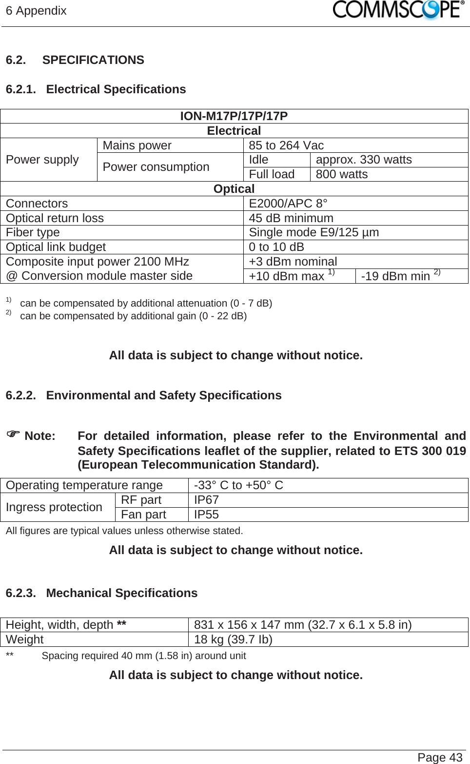 6 Appendix   Page 43 6.2.  SPECIFICATIONS 6.2.1.  Electrical Specifications  ION-M17P/17P/17P Electrical Mains power  85 to 264 Vac Idle  approx. 330 watts Power supply  Power consumption  Full load  800 watts Optical Connectors  E2000/APC 8°  Optical return loss  45 dB minimum Fiber type  Single mode E9/125 µm Optical link budget  0 to 10 dB +3 dBm nominal Composite input power 2100 MHz @ Conversion module master side  +10 dBm max 1)  -19 dBm min 2)  1)  can be compensated by additional attenuation (0 - 7 dB) 2)  can be compensated by additional gain (0 - 22 dB)  All data is subject to change without notice.  6.2.2.  Environmental and Safety Specifications    Note:  For detailed information, please refer to the Environmental and Safety Specifications leaflet of the supplier, related to ETS 300 019 (European Telecommunication Standard). Operating temperature range  -33° C to +50° C RF part  IP67 Ingress protection  Fan part  IP55 All figures are typical values unless otherwise stated. All data is subject to change without notice.  6.2.3.  Mechanical Specifications  Height, width, depth **  831 x 156 x 147 mm (32.7 x 6.1 x 5.8 in) Weight  18 kg (39.7 Ib) **   Spacing required 40 mm (1.58 in) around unit All data is subject to change without notice.  