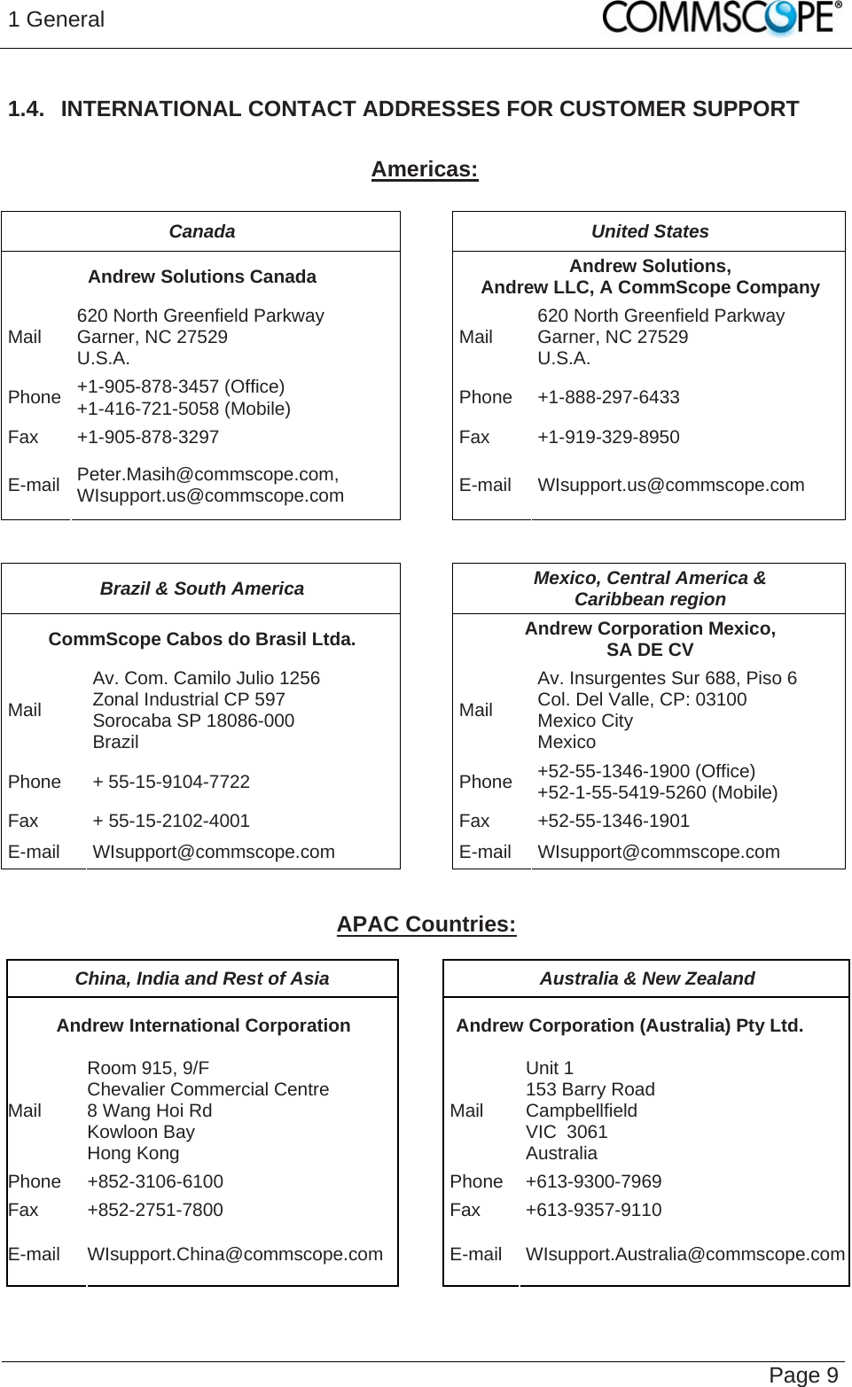 1 General   Page 9 1.4.  INTERNATIONAL CONTACT ADDRESSES FOR CUSTOMER SUPPORT  Americas:  Canada United States Andrew Solutions Canada  Andrew Solutions,  Andrew LLC, A CommScope Company Mail  620 North Greenfield Parkway Garner, NC 27529 U.S.A.  Mail  620 North Greenfield Parkway Garner, NC 27529 U.S.A. Phone  +1-905-878-3457 (Office) +1-416-721-5058 (Mobile) Phone +1-888-297-6433 Fax +1-905-878-3297  Fax  +1-919-329-8950 E-mail  Peter.Masih@commscope.com, WIsupport.us@commscope.com  E-mail WIsupport.us@commscope.com   Brazil &amp; South America  Mexico, Central America &amp;  Caribbean region CommScope Cabos do Brasil Ltda.  Andrew Corporation Mexico,  SA DE CV Mail Av. Com. Camilo Julio 1256 Zonal Industrial CP 597 Sorocaba SP 18086-000 Brazil Mail Av. Insurgentes Sur 688, Piso 6 Col. Del Valle, CP: 03100 Mexico City Mexico Phone + 55-15-9104-7722  Phone +52-55-1346-1900 (Office) +52-1-55-5419-5260 (Mobile) Fax + 55-15-2102-4001  Fax +52-55-1346-1901 E-mail WIsupport@commscope.com  E-mail WIsupport@commscope.com   APAC Countries:  China, India and Rest of Asia  Australia &amp; New Zealand Andrew International Corporation  Andrew Corporation (Australia) Pty Ltd. Mail Room 915, 9/F  Chevalier Commercial Centre 8 Wang Hoi Rd Kowloon Bay  Hong Kong Mail Unit 1 153 Barry Road Campbellfield  VIC  3061 Australia Phone +852-3106-6100  Phone +613-9300-7969 Fax +852-2751-7800  Fax +613-9357-9110 E-mail WIsupport.China@commscope.com  E-mail WIsupport.Australia@commscope.com 