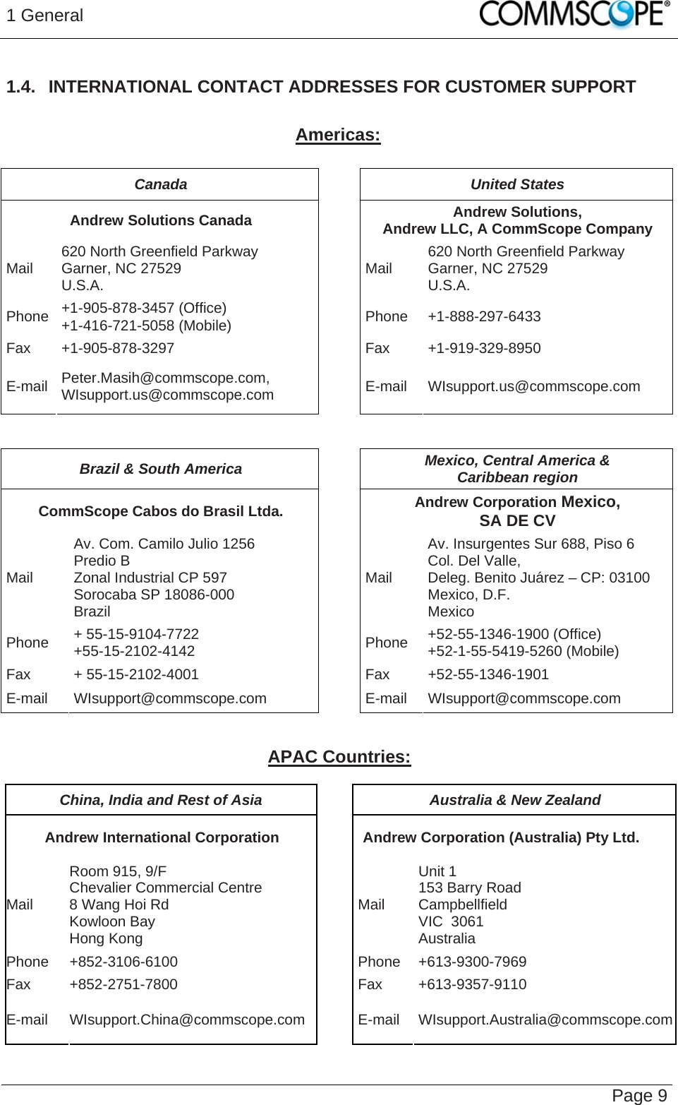 1 General   Page 9 1.4.  INTERNATIONAL CONTACT ADDRESSES FOR CUSTOMER SUPPORT  Americas:  Canada United States Andrew Solutions Canada  Andrew Solutions,  Andrew LLC, A CommScope Company Mail  620 North Greenfield Parkway Garner, NC 27529 U.S.A.  Mail  620 North Greenfield Parkway Garner, NC 27529 U.S.A. Phone  +1-905-878-3457 (Office) +1-416-721-5058 (Mobile) Phone +1-888-297-6433 Fax +1-905-878-3297  Fax  +1-919-329-8950 E-mail  Peter.Masih@commscope.com, WIsupport.us@commscope.com  E-mail WIsupport.us@commscope.com   Brazil &amp; South America  Mexico, Central America &amp;  Caribbean region CommScope Cabos do Brasil Ltda.  Andrew Corporation Mexico,  SA DE CV Mail Av. Com. Camilo Julio 1256 Predio B Zonal Industrial CP 597 Sorocaba SP 18086-000 Brazil Mail Av. Insurgentes Sur 688, Piso 6 Col. Del Valle,  Deleg. Benito Juárez – CP: 03100 Mexico, D.F. Mexico Phone  + 55-15-9104-7722 +55-15-2102-4142  Phone  +52-55-1346-1900 (Office) +52-1-55-5419-5260 (Mobile) Fax + 55-15-2102-4001  Fax +52-55-1346-1901 E-mail WIsupport@commscope.com  E-mail WIsupport@commscope.com   APAC Countries:  China, India and Rest of Asia  Australia &amp; New Zealand Andrew International Corporation  Andrew Corporation (Australia) Pty Ltd. Mail Room 915, 9/F  Chevalier Commercial Centre 8 Wang Hoi Rd Kowloon Bay  Hong Kong Mail Unit 1 153 Barry Road Campbellfield  VIC  3061 Australia Phone +852-3106-6100  Phone +613-9300-7969 Fax +852-2751-7800  Fax +613-9357-9110 E-mail WIsupport.China@commscope.com  E-mail WIsupport.Australia@commscope.com 