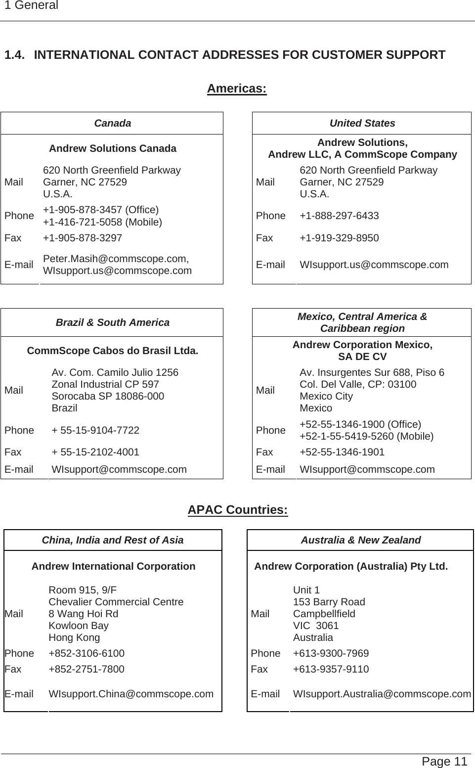 1 General   Page 11 1.4.  INTERNATIONAL CONTACT ADDRESSES FOR CUSTOMER SUPPORT  Americas:  Canada United States Andrew Solutions Canada  Andrew Solutions,  Andrew LLC, A CommScope Company Mail  620 North Greenfield Parkway Garner, NC 27529 U.S.A.  Mail  620 North Greenfield Parkway Garner, NC 27529 U.S.A. Phone  +1-905-878-3457 (Office) +1-416-721-5058 (Mobile) Phone +1-888-297-6433 Fax +1-905-878-3297  Fax  +1-919-329-8950 E-mail  Peter.Masih@commscope.com, WIsupport.us@commscope.com  E-mail WIsupport.us@commscope.com   Brazil &amp; South America  Mexico, Central America &amp;  Caribbean region CommScope Cabos do Brasil Ltda.  Andrew Corporation Mexico,  SA DE CV Mail Av. Com. Camilo Julio 1256 Zonal Industrial CP 597 Sorocaba SP 18086-000 Brazil Mail Av. Insurgentes Sur 688, Piso 6 Col. Del Valle, CP: 03100 Mexico City Mexico Phone + 55-15-9104-7722  Phone +52-55-1346-1900 (Office) +52-1-55-5419-5260 (Mobile) Fax + 55-15-2102-4001  Fax +52-55-1346-1901 E-mail WIsupport@commscope.com  E-mail WIsupport@commscope.com   APAC Countries:  China, India and Rest of Asia  Australia &amp; New Zealand Andrew International Corporation  Andrew Corporation (Australia) Pty Ltd. Mail Room 915, 9/F  Chevalier Commercial Centre 8 Wang Hoi Rd Kowloon Bay  Hong Kong Mail Unit 1 153 Barry Road Campbellfield  VIC  3061 Australia Phone +852-3106-6100  Phone +613-9300-7969 Fax +852-2751-7800  Fax +613-9357-9110 E-mail WIsupport.China@commscope.com  E-mail WIsupport.Australia@commscope.com 