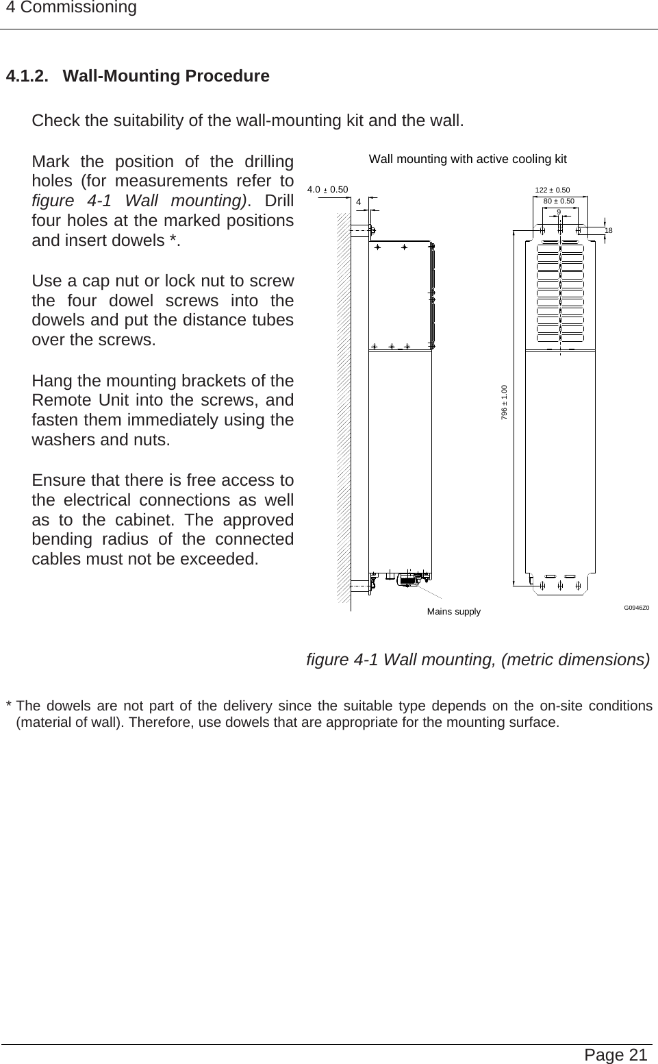 4 Commissioning   Page 214.1.2.  Wall-Mounting Procedure     Check the suitability of the wall-mounting kit and the wall.     Mark the position of the drilling holes (for measurements refer to figure 4-1 Wall mounting). Drill four holes at the marked positions and insert dowels *.     Use a cap nut or lock nut to screw the four dowel screws into the dowels and put the distance tubes over the screws.     Hang the mounting brackets of the Remote Unit into the screws, and fasten them immediately using the washers and nuts.     Ensure that there is free access to the electrical connections as well as to the cabinet. The approved bending radius of the connected cables must not be exceeded.   Wall mounting with active cooling kit4.0  0.504Mains supply980 ± 0.50122 ± 0.5018796 ± 1.00G0946Z0 figure 4-1 Wall mounting, (metric dimensions) * The dowels are not part of the delivery since the suitable type depends on the on-site conditions (material of wall). Therefore, use dowels that are appropriate for the mounting surface.   