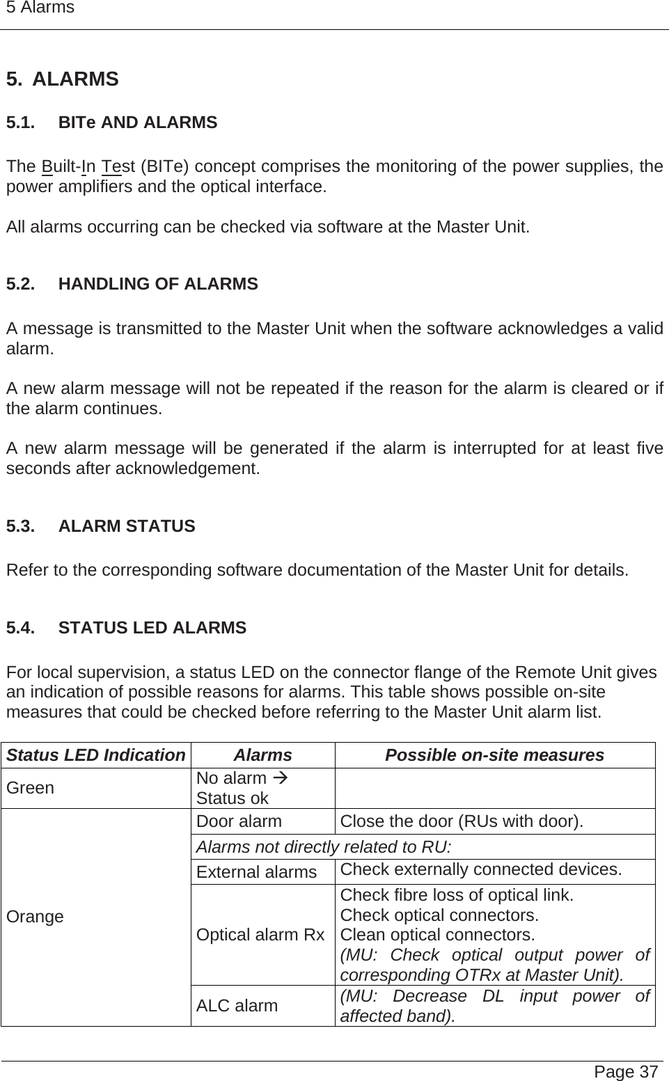 5 Alarms   Page 37 5. ALARMS 5.1.  BITe AND ALARMS  The Built-In Test (BITe) concept comprises the monitoring of the power supplies, the power amplifiers and the optical interface.  All alarms occurring can be checked via software at the Master Unit.  5.2.  HANDLING OF ALARMS  A message is transmitted to the Master Unit when the software acknowledges a valid alarm.  A new alarm message will not be repeated if the reason for the alarm is cleared or if the alarm continues.  A new alarm message will be generated if the alarm is interrupted for at least five seconds after acknowledgement.  5.3.  ALARM STATUS  Refer to the corresponding software documentation of the Master Unit for details.  5.4.  STATUS LED ALARMS  For local supervision, a status LED on the connector flange of the Remote Unit gives an indication of possible reasons for alarms. This table shows possible on-site measures that could be checked before referring to the Master Unit alarm list.  Status LED Indication  Alarms  Possible on-site measures Green  No alarm Æ Status ok   Door alarm  Close the door (RUs with door). Alarms not directly related to RU:  External alarms  Check externally connected devices. Optical alarm Rx Check fibre loss of optical link. Check optical connectors. Clean optical connectors. (MU: Check optical output power of corresponding OTRx at Master Unit). Orange ALC alarm  (MU: Decrease DL input power of affected band). 