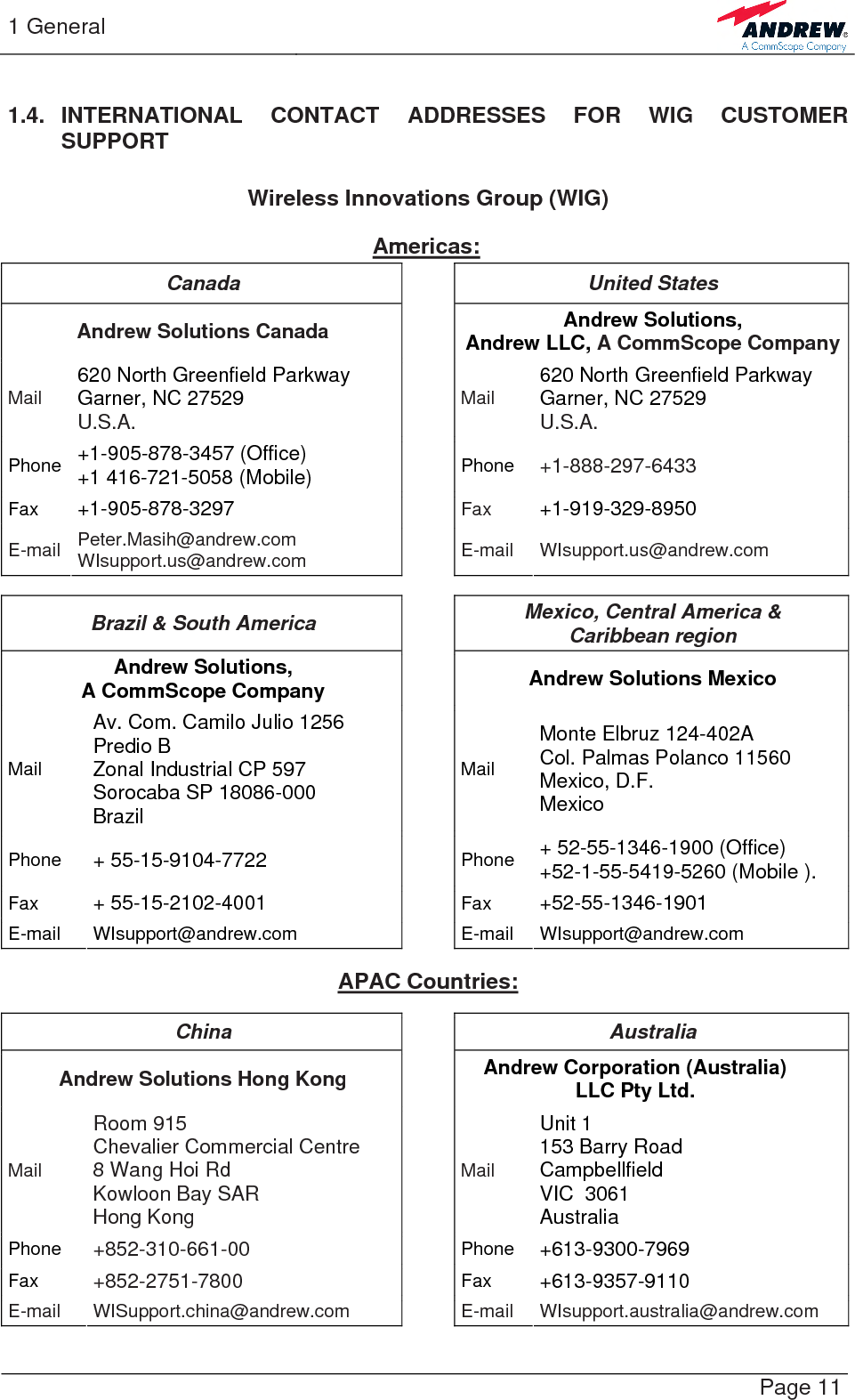 1 General   Page 11 1.4. INTERNATIONAL  CONTACT ADDRESSES FOR WIG CUSTOMER SUPPORT  Wireless Innovations Group (WIG)  Americas: Canada United States Andrew Solutions Canada  Andrew Solutions,  Andrew LLC, A CommScope CompanyMail 620 North Greenfield Parkway Garner, NC 27529 U.S.A. Mail  620 North Greenfield Parkway Garner, NC 27529 U.S.A. Phone +1-905-878-3457 (Office) +1 416-721-5058 (Mobile) Phone +1-888-297-6433 Fax +1-905-878-3297  Fax  +1-919-329-8950 E-mail Peter.Masih@andrew.com WIsupport.us@andrew.com  E-mail WIsupport.us@andrew.com  Brazil &amp; South America  Mexico, Central America &amp;  Caribbean region Andrew Solutions,  A CommScope Company  Andrew Solutions Mexico Mail Av. Com. Camilo Julio 1256 Predio B Zonal Industrial CP 597 Sorocaba SP 18086-000 Brazil Mail Monte Elbruz 124-402A Col. Palmas Polanco 11560 Mexico, D.F. Mexico Phone  + 55-15-9104-7722  Phone  + 52-55-1346-1900 (Office) +52-1-55-5419-5260 (Mobile ). Fax  + 55-15-2102-4001  Fax  +52-55-1346-1901 E-mail WIsupport@andrew.com  E-mail WIsupport@andrew.com  APAC Countries:  China Australia Andrew Solutions Hong Kong  Andrew Corporation (Australia) LLC Pty Ltd. Mail Room 915  Chevalier Commercial Centre 8 Wang Hoi Rd Kowloon Bay SAR Hong Kong Mail Unit 1 153 Barry Road Campbellfield  VIC  3061 Australia Phone +852-310-661-00  Phone +613-9300-7969 Fax +852-2751-7800  Fax +613-9357-9110 E-mail WISupport.china@andrew.com  E-mail WIsupport.australia@andrew.com 