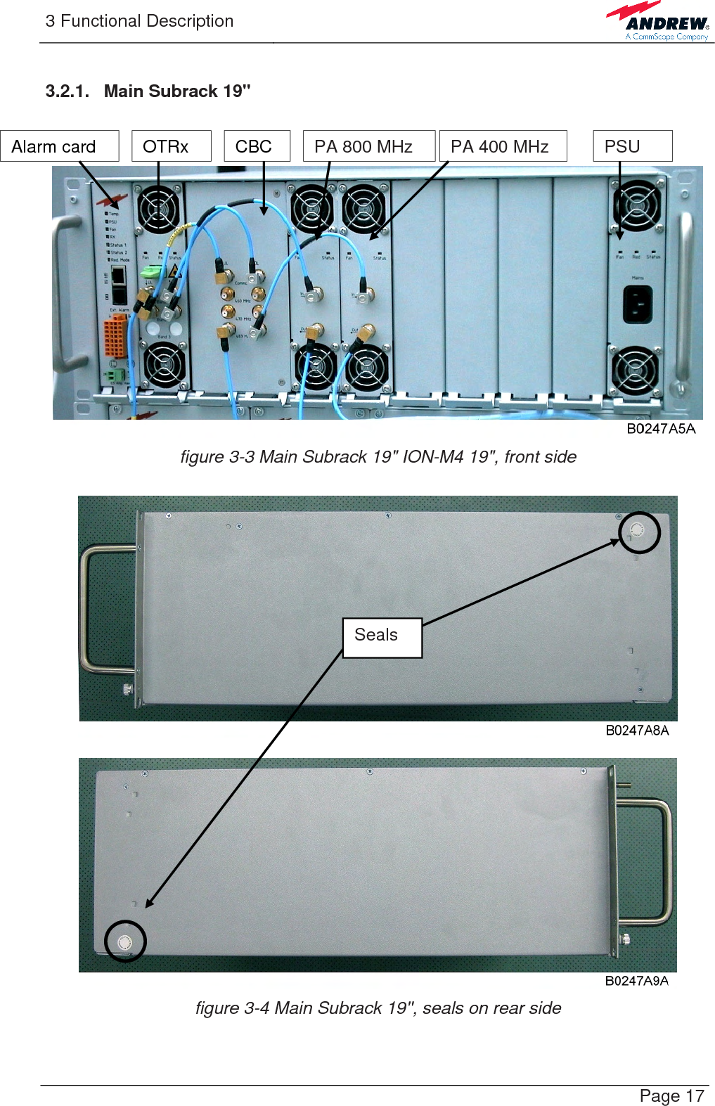 3 Functional Description   Page 17 3.2.1.  Main Subrack 19&quot;      figure 3-3 Main Subrack 19&quot; ION-M4 19&quot;, front side     figure 3-4 Main Subrack 19&apos;&apos;, seals on rear side  Alarm card  OTRx  CBC  PA 800 MHz PA 400 MHz  PSU Seals 