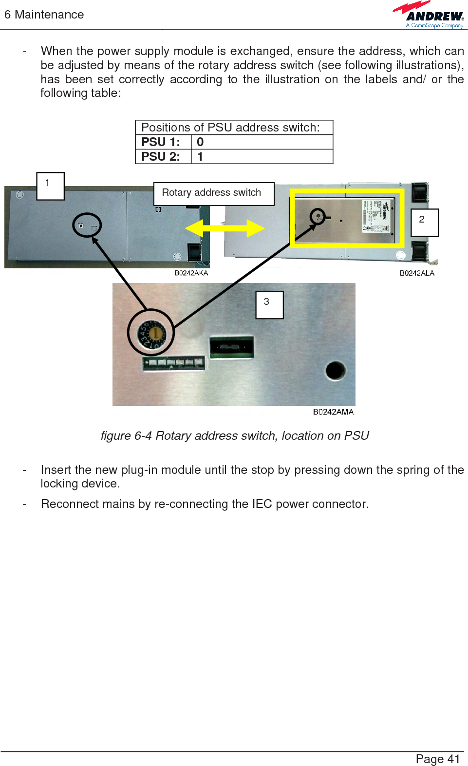 6 Maintenance   Page 41 -  When the power supply module is exchanged, ensure the address, which can be adjusted by means of the rotary address switch (see following illustrations), has been set correctly according to the illustration on the labels and/ or the following table:  Positions of PSU address switch: PSU 1:  0 PSU 2:  1      figure 6-4 Rotary address switch, location on PSU  -  Insert the new plug-in module until the stop by pressing down the spring of the locking device. -  Reconnect mains by re-connecting the IEC power connector.  Rotary address switch 1 2 3 
