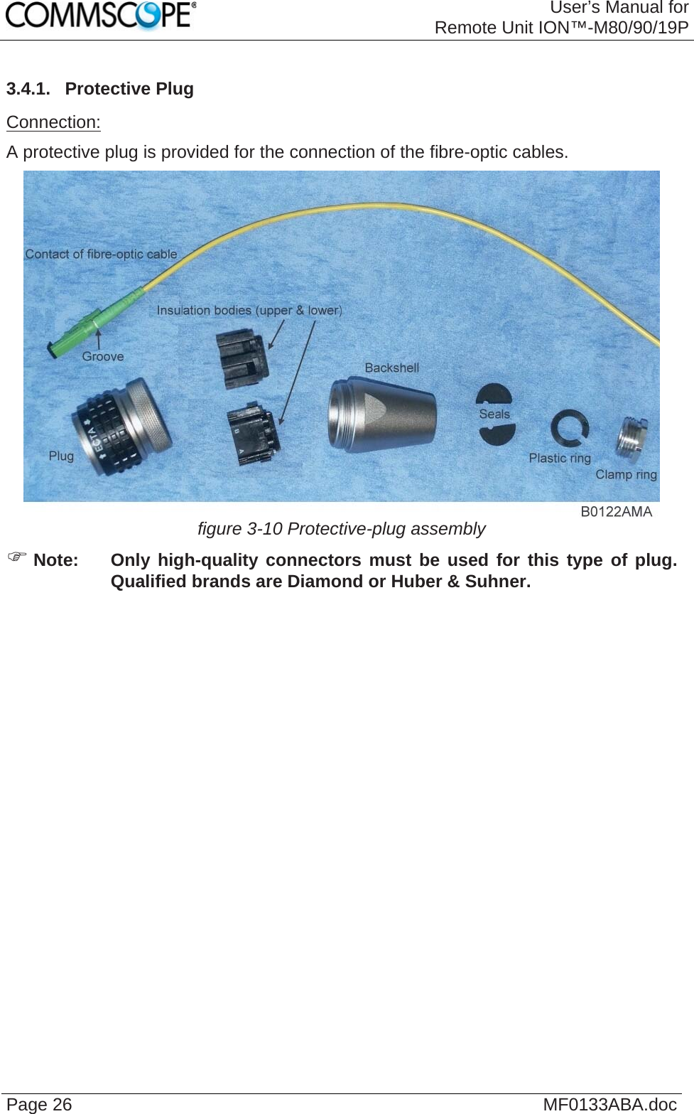 User’s Manual forRemote Unit ION™-M80/90/19P Page 26  MF0133ABA.doc3.4.1.  Protective Plug Connection: A protective plug is provided for the connection of the fibre-optic cables.  figure 3-10 Protective-plug assembly ) Note:  Only high-quality connectors must be used for this type of plug. Qualified brands are Diamond or Huber &amp; Suhner.   
