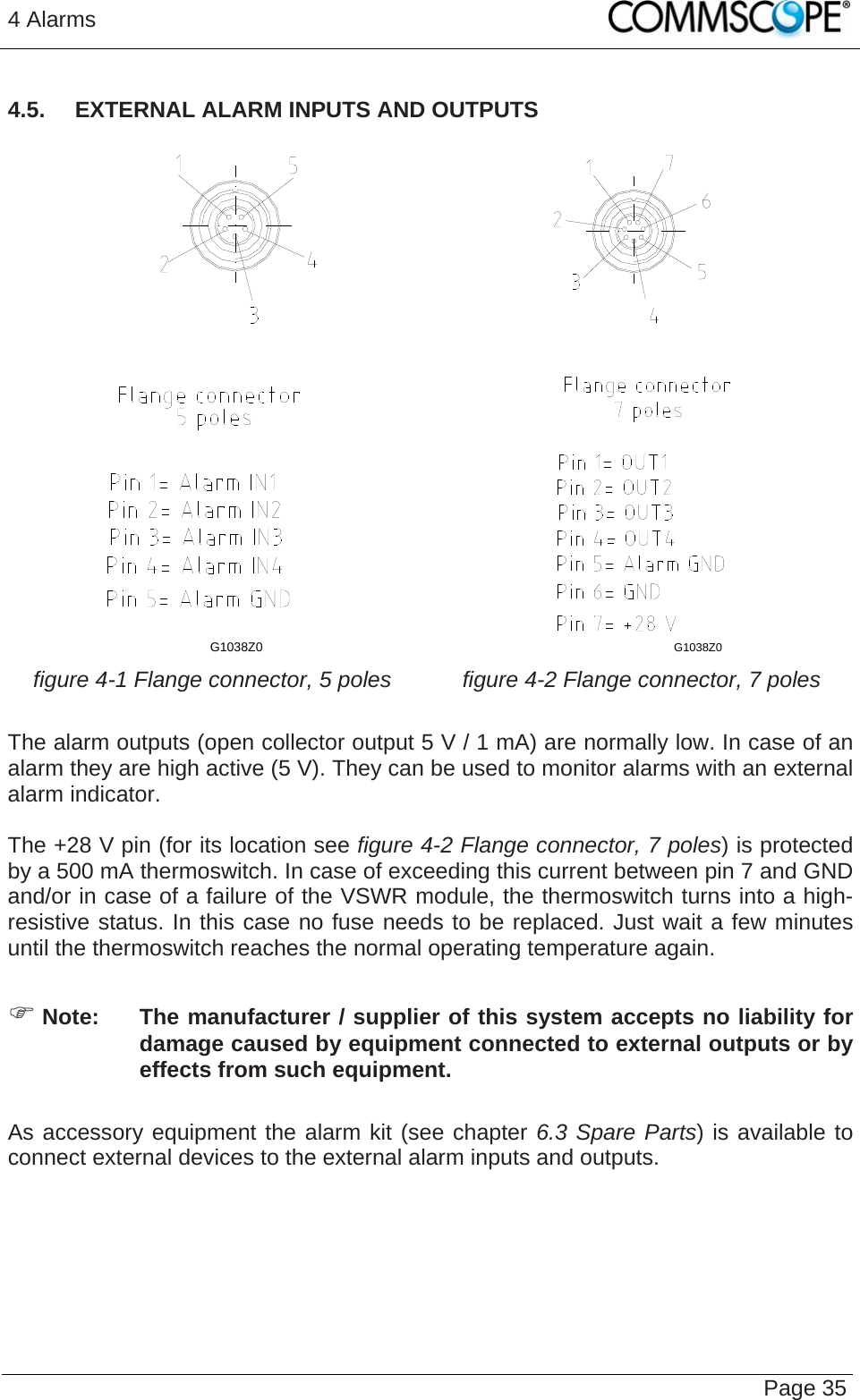 4 Alarms   Page 354.5.  EXTERNAL ALARM INPUTS AND OUTPUTS  G1038Z0  G1038Z0  figure 4-1 Flange connector, 5 poles  figure 4-2 Flange connector, 7 poles  The alarm outputs (open collector output 5 V / 1 mA) are normally low. In case of an alarm they are high active (5 V). They can be used to monitor alarms with an external alarm indicator.  The +28 V pin (for its location see figure 4-2 Flange connector, 7 poles) is protected by a 500 mA thermoswitch. In case of exceeding this current between pin 7 and GND and/or in case of a failure of the VSWR module, the thermoswitch turns into a high-resistive status. In this case no fuse needs to be replaced. Just wait a few minutes until the thermoswitch reaches the normal operating temperature again.  ) Note:  The manufacturer / supplier of this system accepts no liability for damage caused by equipment connected to external outputs or by effects from such equipment.  As accessory equipment the alarm kit (see chapter 6.3 Spare Parts) is available to connect external devices to the external alarm inputs and outputs.   