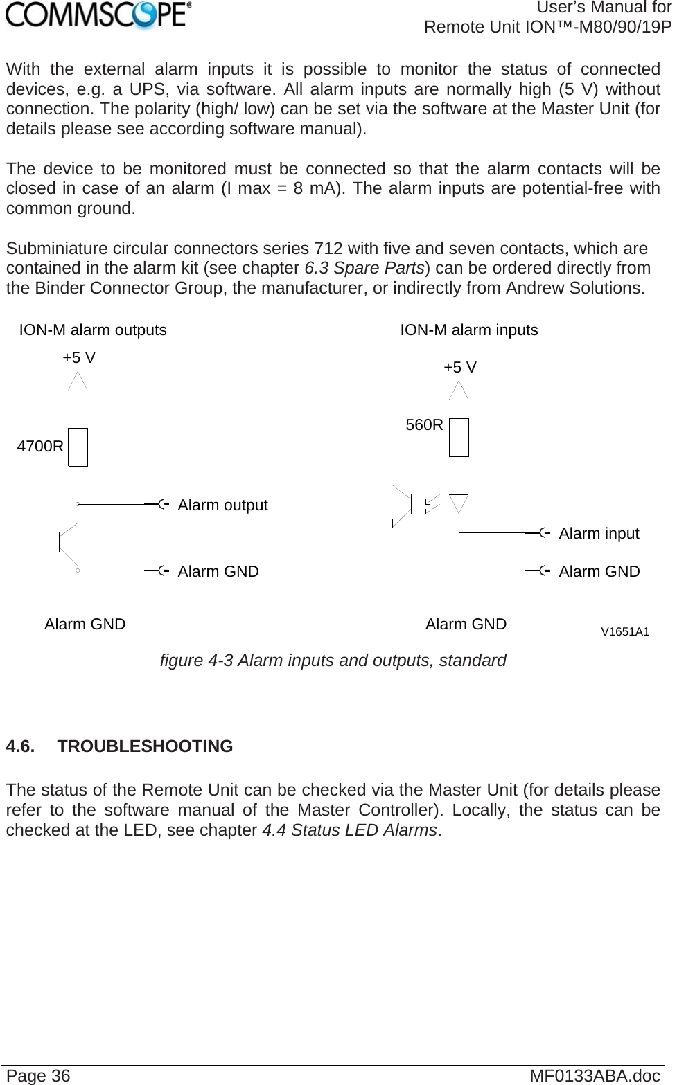 User’s Manual forRemote Unit ION™-M80/90/19P Page 36  MF0133ABA.docWith the external alarm inputs it is possible to monitor the status of connected devices, e.g. a UPS, via software. All alarm inputs are normally high (5 V) without connection. The polarity (high/ low) can be set via the software at the Master Unit (for details please see according software manual).  The device to be monitored must be connected so that the alarm contacts will be closed in case of an alarm (I max = 8 mA). The alarm inputs are potential-free with common ground.  Subminiature circular connectors series 712 with five and seven contacts, which are contained in the alarm kit (see chapter 6.3 Spare Parts) can be ordered directly from the Binder Connector Group, the manufacturer, or indirectly from Andrew Solutions.  V1651A1Alarm outputAlarm GNDAlarm GNDAlarm GNDAlarm GNDAlarm inputION-M alarm outputs4700R+5 VION-M alarm inputs+5 V560R figure 4-3 Alarm inputs and outputs, standard   4.6.  TROUBLESHOOTING  The status of the Remote Unit can be checked via the Master Unit (for details please refer to the software manual of the Master Controller). Locally, the status can be checked at the LED, see chapter 4.4 Status LED Alarms.   