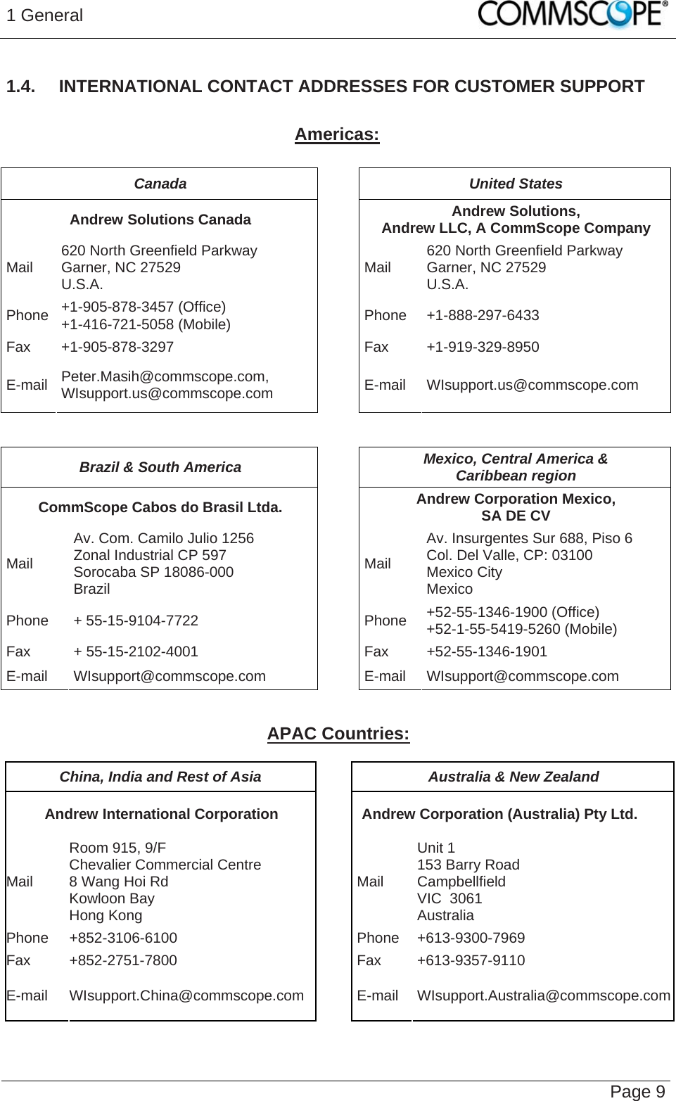 1 General   Page 9 1.4.  INTERNATIONAL CONTACT ADDRESSES FOR CUSTOMER SUPPORT  Americas:  Canada United States Andrew Solutions Canada  Andrew Solutions,  Andrew LLC, A CommScope Company Mail  620 North Greenfield Parkway Garner, NC 27529 U.S.A.  Mail  620 North Greenfield Parkway Garner, NC 27529 U.S.A. Phone  +1-905-878-3457 (Office) +1-416-721-5058 (Mobile) Phone +1-888-297-6433 Fax +1-905-878-3297  Fax  +1-919-329-8950 E-mail  Peter.Masih@commscope.com, WIsupport.us@commscope.com  E-mail WIsupport.us@commscope.com   Brazil &amp; South America  Mexico, Central America &amp;  Caribbean region CommScope Cabos do Brasil Ltda.  Andrew Corporation Mexico,  SA DE CV Mail Av. Com. Camilo Julio 1256 Zonal Industrial CP 597 Sorocaba SP 18086-000 Brazil Mail Av. Insurgentes Sur 688, Piso 6 Col. Del Valle, CP: 03100 Mexico City Mexico Phone + 55-15-9104-7722  Phone +52-55-1346-1900 (Office) +52-1-55-5419-5260 (Mobile) Fax + 55-15-2102-4001  Fax +52-55-1346-1901 E-mail WIsupport@commscope.com  E-mail WIsupport@commscope.com   APAC Countries:  China, India and Rest of Asia  Australia &amp; New Zealand Andrew International Corporation  Andrew Corporation (Australia) Pty Ltd. Mail Room 915, 9/F  Chevalier Commercial Centre 8 Wang Hoi Rd Kowloon Bay  Hong Kong Mail Unit 1 153 Barry Road Campbellfield  VIC  3061 Australia Phone +852-3106-6100  Phone +613-9300-7969 Fax +852-2751-7800  Fax +613-9357-9110 E-mail WIsupport.China@commscope.com  E-mail WIsupport.Australia@commscope.com 