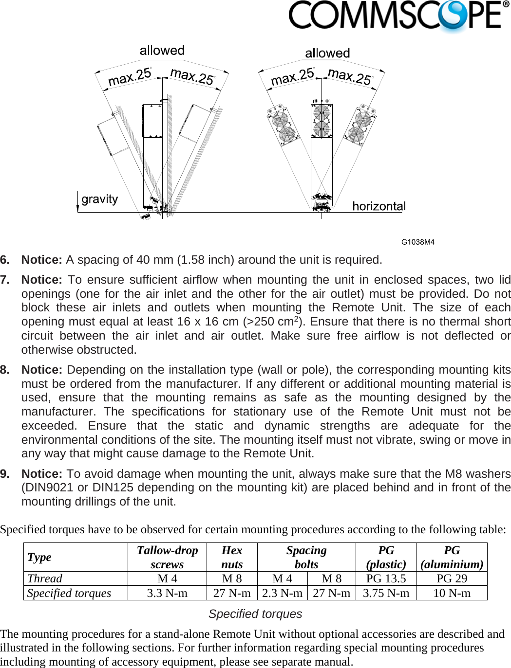                             6. Notice: A spacing of 40 mm (1.58 inch) around the unit is required. 7. Notice: To ensure sufficient airflow when mounting the unit in enclosed spaces, two lid openings (one for the air inlet and the other for the air outlet) must be provided. Do not block these air inlets and outlets when mounting the Remote Unit. The size of each opening must equal at least 16 x 16 cm (&gt;250 cm2). Ensure that there is no thermal short circuit between the air inlet and air outlet. Make sure free airflow is not deflected or otherwise obstructed. 8. Notice: Depending on the installation type (wall or pole), the corresponding mounting kits must be ordered from the manufacturer. If any different or additional mounting material is used, ensure that the mounting remains as safe as the mounting designed by the manufacturer. The specifications for stationary use of the Remote Unit must not be exceeded. Ensure that the static and dynamic strengths are adequate for the environmental conditions of the site. The mounting itself must not vibrate, swing or move in any way that might cause damage to the Remote Unit. 9. Notice: To avoid damage when mounting the unit, always make sure that the M8 washers (DIN9021 or DIN125 depending on the mounting kit) are placed behind and in front of the mounting drillings of the unit.  Specified torques have to be observed for certain mounting procedures according to the following table: Type  Tallow-drop screws  Hex nuts  Spacing bolts  PG (plastic)  PG (aluminium)Thread M 4  M 8  M 4  M 8  PG 13.5  PG 29 Specified torques 3.3 N-m  27 N-m  2.3 N-m 27 N-m 3.75 N-m  10 N-m Specified torques The mounting procedures for a stand-alone Remote Unit without optional accessories are described and illustrated in the following sections. For further information regarding special mounting procedures including mounting of accessory equipment, please see separate manual. 