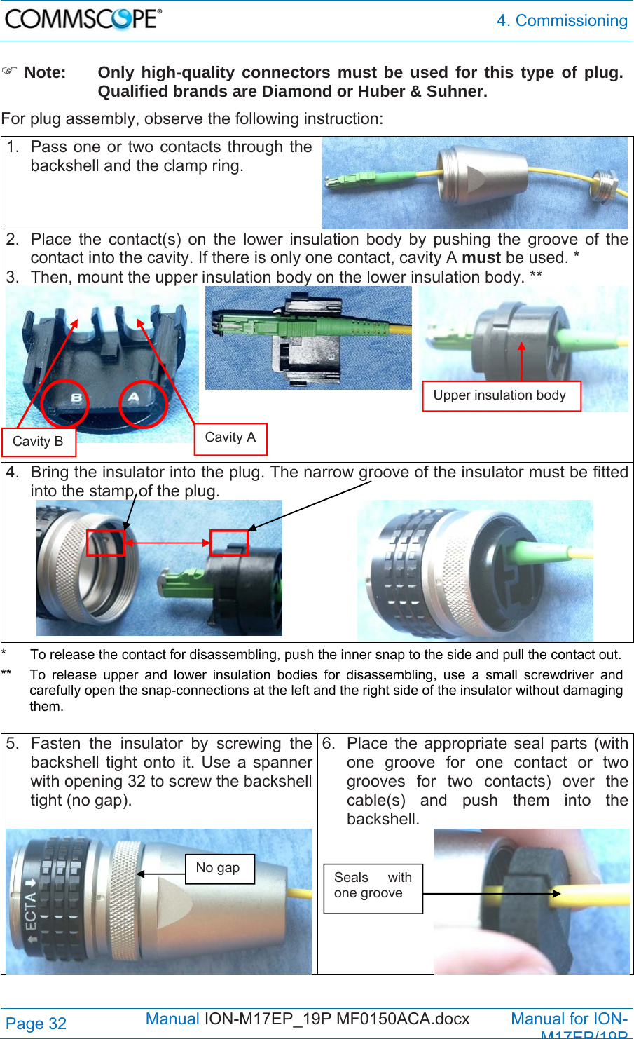  4. Commissioning Page 32            Manual ION-M17EP_19P MF0150ACA.docx         Manual for ION-M17EP/19P  Note:  Only high-quality connectors must be used for this type of plug. Qualified brands are Diamond or Huber &amp; Suhner. For plug assembly, observe the following instruction: 1.  Pass one or two contacts through the backshell and the clamp ring. 2.  Place the contact(s) on the lower insulation body by pushing the groove of the contact into the cavity. If there is only one contact, cavity A must be used. * 3.  Then, mount the upper insulation body on the lower insulation body. **   4.  Bring the insulator into the plug. The narrow groove of the insulator must be fitted into the stamp of the plug.   *  To release the contact for disassembling, push the inner snap to the side and pull the contact out. **  To release upper and lower insulation bodies for disassembling, use a small screwdriver and carefully open the snap-connections at the left and the right side of the insulator without damaging them.  5.  Fasten the insulator by screwing the backshell tight onto it. Use a spanner with opening 32 to screw the backshell tight (no gap). 6.  Place the appropriate seal parts (with one groove for one contact or two grooves for two contacts) over the cable(s) and push them into the backshell.   Seals with one groove No gap Upper insulation body Cavity A Cavity B 