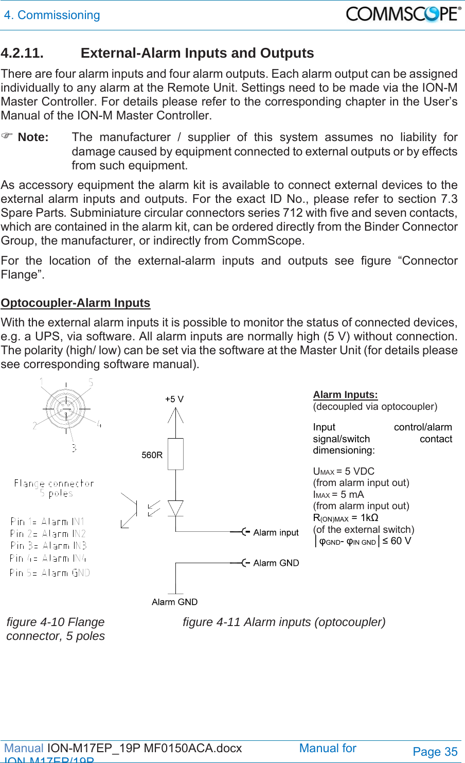 4. Commissioning  Manual ION-M17EP_19P MF0150ACA.docx                 Manual for IONM17EP/19PPage 35 4.2.11.  External-Alarm Inputs and Outputs There are four alarm inputs and four alarm outputs. Each alarm output can be assigned individually to any alarm at the Remote Unit. Settings need to be made via the ION-M Master Controller. For details please refer to the corresponding chapter in the User’s Manual of the ION-M Master Controller.   Note:  The manufacturer / supplier of this system assumes no liability for damage caused by equipment connected to external outputs or by effects from such equipment. As accessory equipment the alarm kit is available to connect external devices to the external alarm inputs and outputs. For the exact ID No., please refer to section 7.3 Spare Parts. Subminiature circular connectors series 712 with five and seven contacts, which are contained in the alarm kit, can be ordered directly from the Binder Connector Group, the manufacturer, or indirectly from CommScope.  For the location of the external-alarm inputs and outputs see figure “Connector Flange”.   Optocoupler-Alarm Inputs With the external alarm inputs it is possible to monitor the status of connected devices, e.g. a UPS, via software. All alarm inputs are normally high (5 V) without connection. The polarity (high/ low) can be set via the software at the Master Unit (for details please see corresponding software manual).   Alarm Inputs: (decoupled via optocoupler)  Input control/alarm signal/switch contact dimensioning:  UMAX = 5 VDC  (from alarm input out) IMAX = 5 mA  (from alarm input out) R(ON)MAX = 1kΩ  (of the external switch) │φGND- φIN GND│≤ 60 V  figure 4-10 Flange connector, 5 poles  figure 4-11 Alarm inputs (optocoupler)  