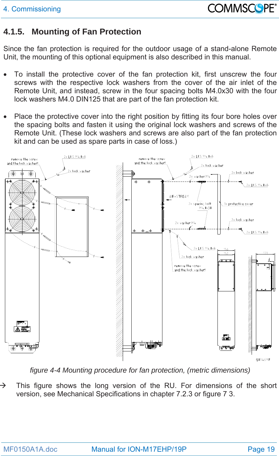 4. Commissioning  MF0150A1A.doc                 Manual for ION-M17EHP/19P  Page 19 4.1.5.  Mounting of Fan Protection  Since the fan protection is required for the outdoor usage of a stand-alone Remote Unit, the mounting of this optional equipment is also described in this manual.    To install the protective cover of the fan protection kit, first unscrew the four screws with the respective lock washers from the cover of the air inlet of the Remote Unit, and instead, screw in the four spacing bolts M4.0x30 with the four lock washers M4.0 DIN125 that are part of the fan protection kit.    Place the protective cover into the right position by fitting its four bore holes over the spacing bolts and fasten it using the original lock washers and screws of the Remote Unit. (These lock washers and screws are also part of the fan protection kit and can be used as spare parts in case of loss.)   figure 4-4 Mounting procedure for fan protection, (metric dimensions)   This figure shows the long version of the RU. For dimensions of the short version, see Mechanical Specifications in chapter 7.2.3 or figure 7 3. 