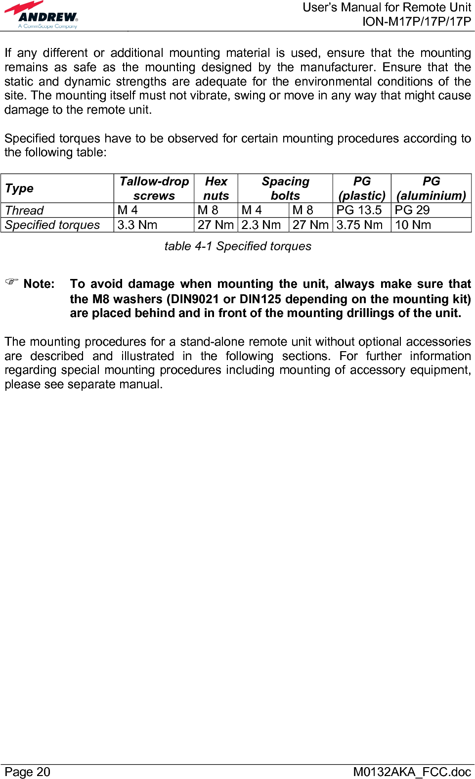  User’s Manual for Remote UnitION-M17P/17P/17P Page 20      M0132AKA_FCC.doc If any different or additional mounting material is used, ensure that the mounting remains as safe as the mounting designed by the manufacturer. Ensure that the static and dynamic strengths are adequate for the environmental conditions of the site. The mounting itself must not vibrate, swing or move in any way that might cause damage to the remote unit.  Specified torques have to be observed for certain mounting procedures according to the following table:  Type  Tallow-drop screws Hex nuts Spacing bolts PG (plastic) PG (aluminium)Thread M 4  M 8  M 4  M 8  PG 13.5  PG 29 Specified torques 3.3 Nm  27 Nm 2.3 Nm  27 Nm 3.75 Nm  10 Nm table 4-1 Specified torques  ) Note:  To avoid damage when mounting the unit, always make sure that the M8 washers (DIN9021 or DIN125 depending on the mounting kit) are placed behind and in front of the mounting drillings of the unit.  The mounting procedures for a stand-alone remote unit without optional accessories are described and illustrated in the following sections. For further information regarding special mounting procedures including mounting of accessory equipment, please see separate manual.  