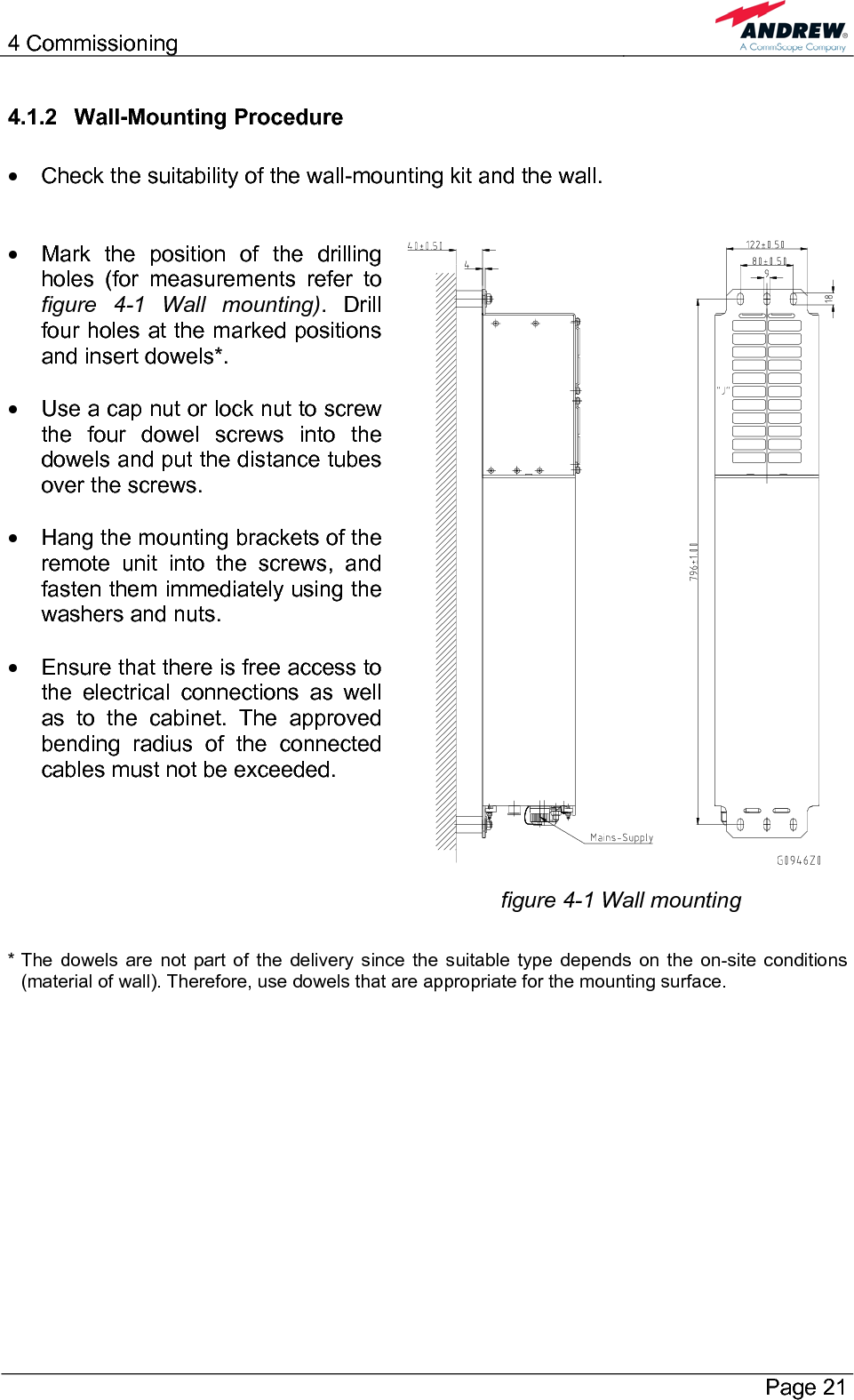 4 Commissioning       Page 21 4.1.2 Wall-Mounting Procedure  •  Check the suitability of the wall-mounting kit and the wall.   •  Mark the position of the drilling holes (for measurements refer to figure 4-1 Wall mounting). Drill four holes at the marked positions and insert dowels*.  •  Use a cap nut or lock nut to screw the four dowel screws into the dowels and put the distance tubes over the screws.  •  Hang the mounting brackets of the remote unit into the screws, and fasten them immediately using the washers and nuts.  •  Ensure that there is free access to the electrical connections as well as to the cabinet. The approved bending radius of the connected cables must not be exceeded.     figure 4-1 Wall mounting  * The dowels are not part of the delivery since the suitable type depends on the on-site conditions (material of wall). Therefore, use dowels that are appropriate for the mounting surface.  