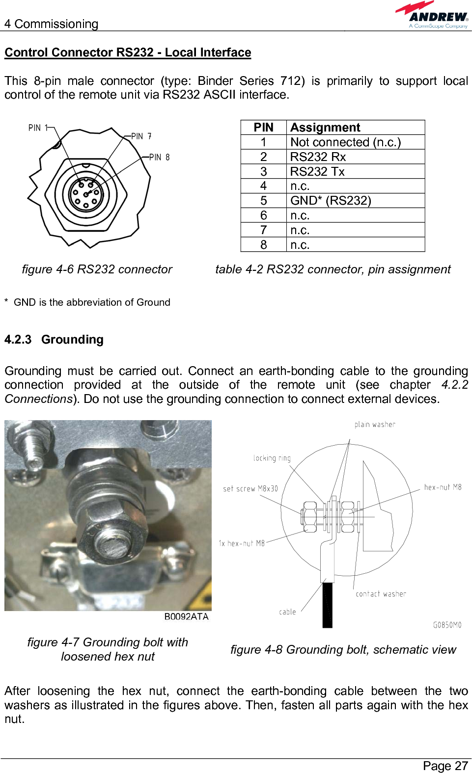 4 Commissioning       Page 27 Control Connector RS232 - Local Interface  This 8-pin male connector (type: Binder Series 712) is primarily to support local control of the remote unit via RS232 ASCII interface.    PIN Assignment 1  Not connected (n.c.) 2 RS232 Rx 3 RS232 Tx 4 n.c. 5 GND* (RS232) 6 n.c. 7 n.c. 8 n.c. figure 4-6 RS232 connector  table 4-2 RS232 connector, pin assignment  *  GND is the abbreviation of Ground  4.2.3 Grounding  Grounding must be carried out. Connect an earth-bonding cable to the grounding connection provided at the outside of the remote unit (see chapter 4.2.2 Connections). Do not use the grounding connection to connect external devices.   figure 4-7 Grounding bolt with loosened hex nut  figure 4-8 Grounding bolt, schematic view  After loosening the hex nut, connect the earth-bonding cable between the two washers as illustrated in the figures above. Then, fasten all parts again with the hex nut. 