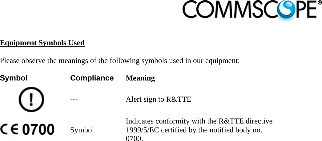                             Equipment Symbols Used  Please observe the meanings of the following symbols used in our equipment:  Symbol Compliance Meaning  ---  Alert sign to R&amp;TTE  Symbol Indicates conformity with the R&amp;TTE directive 1999/5/EC certified by the notified body no. 0700.  