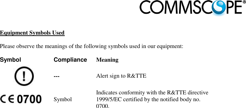                             Equipment Symbols Used  Please observe the meanings of the following symbols used in our equipment:  Symbol Compliance Meaning  --- Alert sign to R&amp;TTE  Symbol Indicates conformity with the R&amp;TTE directive 1999/5/EC certified by the notified body no. 0700.  