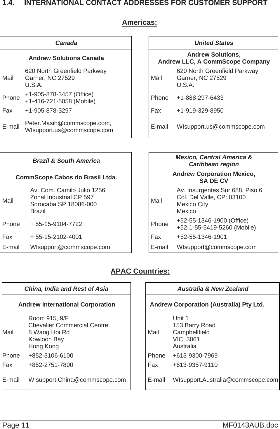  Page 11  MF0143AUB.doc 1.4.  INTERNATIONAL CONTACT ADDRESSES FOR CUSTOMER SUPPORT  Americas:  Canada United States Andrew Solutions Canada  Andrew Solutions,  Andrew LLC, A CommScope Company Mail  620 North Greenfield Parkway Garner, NC 27529 U.S.A.  Mail  620 North Greenfield Parkway Garner, NC 27529 U.S.A. Phone  +1-905-878-3457 (Office) +1-416-721-5058 (Mobile) Phone +1-888-297-6433 Fax +1-905-878-3297  Fax  +1-919-329-8950 E-mail  Peter.Masih@commscope.com, WIsupport.us@commscope.com  E-mail WIsupport.us@commscope.com   Brazil &amp; South America  Mexico, Central America &amp;  Caribbean region CommScope Cabos do Brasil Ltda.  Andrew Corporation Mexico,  SA DE CV Mail Av. Com. Camilo Julio 1256 Zonal Industrial CP 597 Sorocaba SP 18086-000 Brazil Mail Av. Insurgentes Sur 688, Piso 6 Col. Del Valle, CP: 03100 Mexico City Mexico Phone + 55-15-9104-7722  Phone +52-55-1346-1900 (Office) +52-1-55-5419-5260 (Mobile) Fax + 55-15-2102-4001  Fax +52-55-1346-1901 E-mail WIsupport@commscope.com  E-mail WIsupport@commscope.com   APAC Countries:  China, India and Rest of Asia  Australia &amp; New Zealand Andrew International Corporation  Andrew Corporation (Australia) Pty Ltd. Mail Room 915, 9/F  Chevalier Commercial Centre 8 Wang Hoi Rd Kowloon Bay  Hong Kong Mail Unit 1 153 Barry Road Campbellfield  VIC  3061 Australia Phone +852-3106-6100  Phone +613-9300-7969 Fax +852-2751-7800  Fax +613-9357-9110 E-mail WIsupport.China@commscope.com  E-mail WIsupport.Australia@commscope.com 