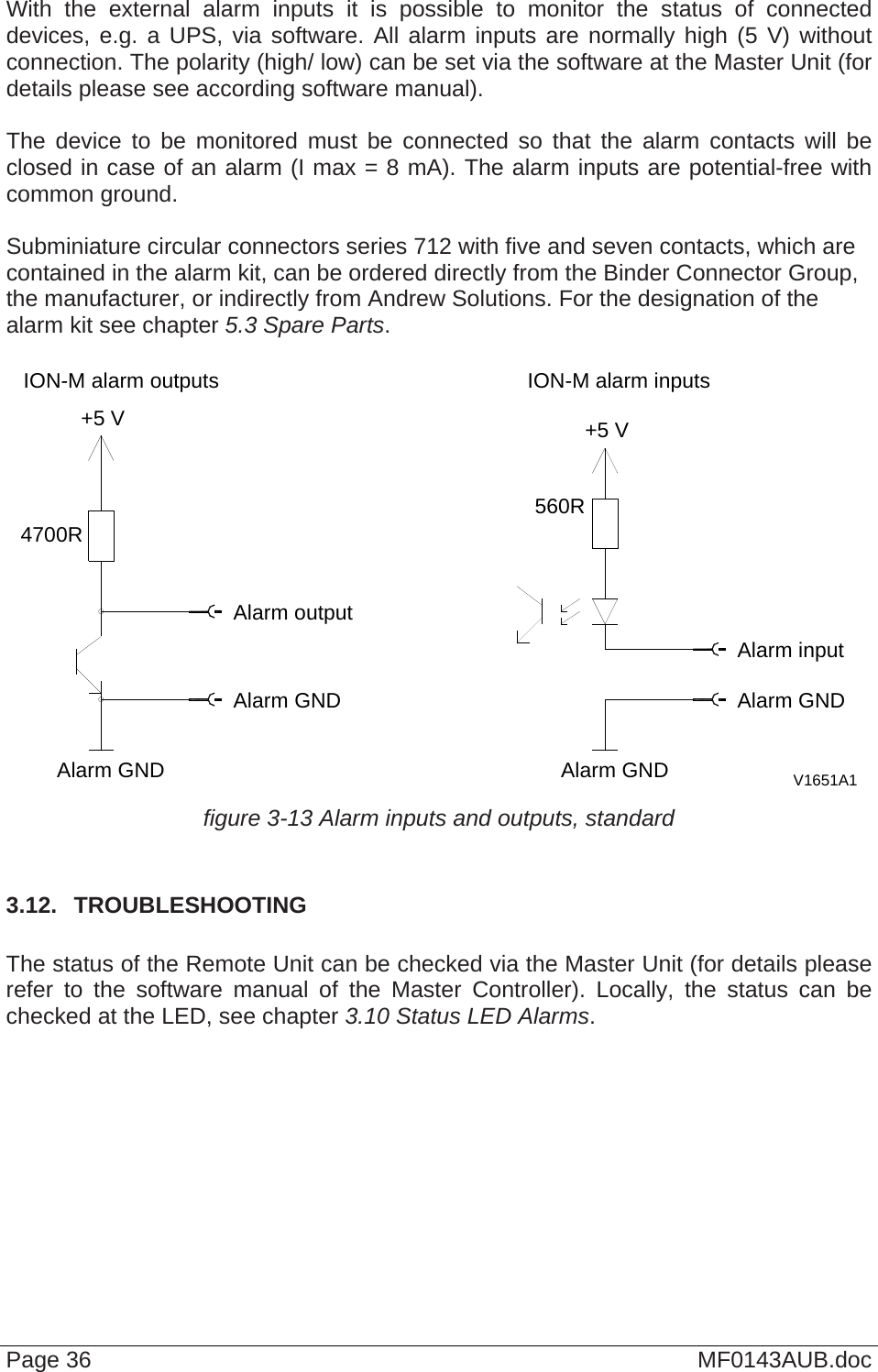  With the external alarm inputs it is possible to monitor the status of connected devices, e.g. a UPS, via software. All alarm inputs are normally high (5 V) without connection. The polarity (high/ low) can be set via the software at the Master Unit (for details please see according software manual).  The device to be monitored must be connected so that the alarm contacts will be closed in case of an alarm (I max = 8 mA). The alarm inputs are potential-free with common ground.  Subminiature circular connectors series 712 with five and seven contacts, which are contained in the alarm kit, can be ordered directly from the Binder Connector Group, the manufacturer, or indirectly from Andrew Solutions. For the designation of the alarm kit see chapter 5.3 Spare Parts.  V1651A1Alarm outputAlarm GNDAlarm GNDAlarm GNDAlarm GNDAlarm inputION-M alarm outputs4700R+5 VION-M alarm inputs+5 V560R figure 3-13 Alarm inputs and outputs, standard  3.12.  TROUBLESHOOTING  The status of the Remote Unit can be checked via the Master Unit (for details please refer to the software manual of the Master Controller). Locally, the status can be checked at the LED, see chapter 3.10 Status LED Alarms.   Page 36  MF0143AUB.doc 