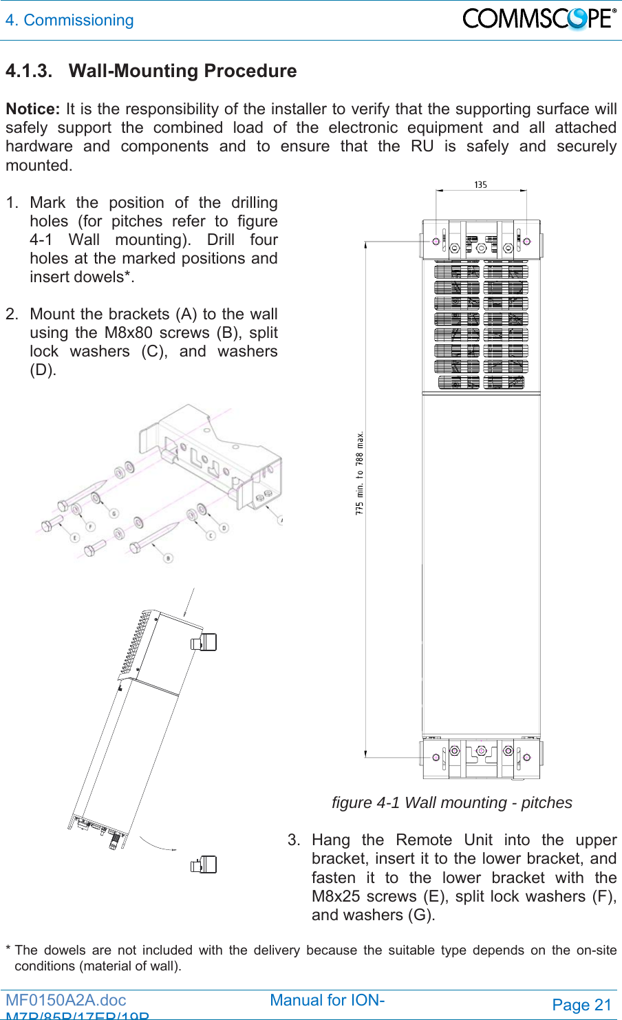 4. Commissioning  MF0150A2A.doc                                Manual for ION-M7P/85P/17EP/19PPage 21 4.1.3. Wall-Mounting Procedure  Notice: It is the responsibility of the installer to verify that the supporting surface will safely support the combined load of the electronic equipment and all attached hardware and components and to ensure that the RU is safely and securely mounted.  1. Mark the position of the drilling holes (for pitches refer to figure 4-1 Wall mounting). Drill four holes at the marked positions and insert dowels*.  2.  Mount the brackets (A) to the wall using the M8x80 screws (B), split lock washers (C), and washers (D).      figure 4-1 Wall mounting - pitches  3. Hang the Remote Unit into the upper bracket, insert it to the lower bracket, and fasten it to the lower bracket with the M8x25 screws (E), split lock washers (F), and washers (G).  * The dowels are not included with the delivery because the suitable type depends on the on-site conditions (material of wall). 