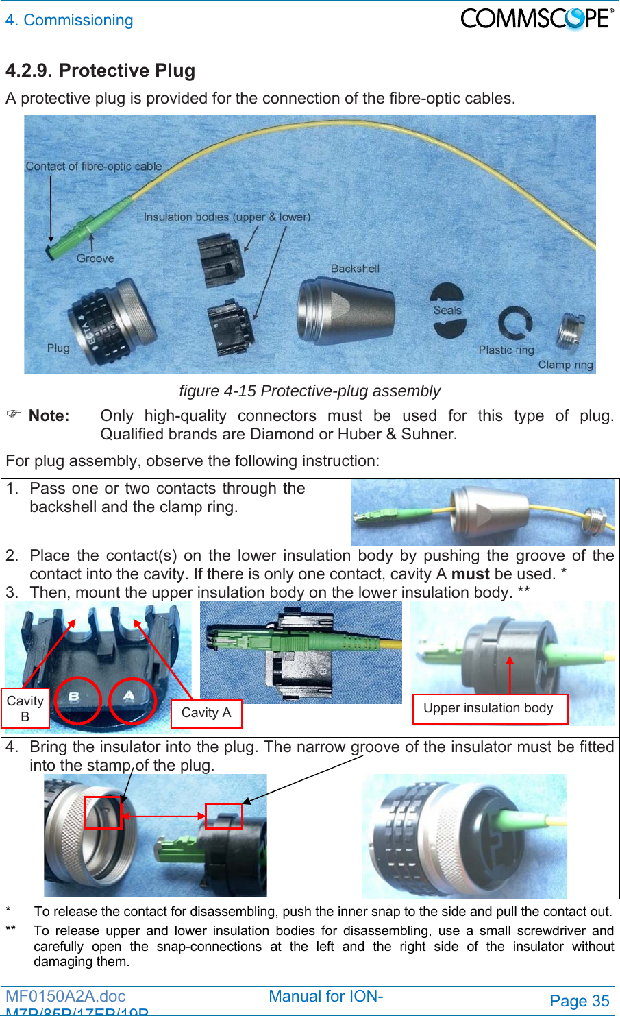 4. Commissioning  MF0150A2A.doc                                Manual for ION-M7P/85P/17EP/19PPage 35 4.2.9. Protective Plug A protective plug is provided for the connection of the fibre-optic cables.  figure 4-15 Protective-plug assembly  Note:  Only high-quality connectors must be used for this type of plug. Qualified brands are Diamond or Huber &amp; Suhner. For plug assembly, observe the following instruction: 1.  Pass one or two contacts through the backshell and the clamp ring.  2.  Place the contact(s) on the lower insulation body by pushing the groove of the contact into the cavity. If there is only one contact, cavity A must be used. * 3.  Then, mount the upper insulation body on the lower insulation body. **  4.  Bring the insulator into the plug. The narrow groove of the insulator must be fitted into the stamp of the plug.   *  To release the contact for disassembling, push the inner snap to the side and pull the contact out. **  To release upper and lower insulation bodies for disassembling, use a small screwdriver and carefully open the snap-connections at the left and the right side of the insulator without damaging them. Upper insulation body Cavity A Cavity B 