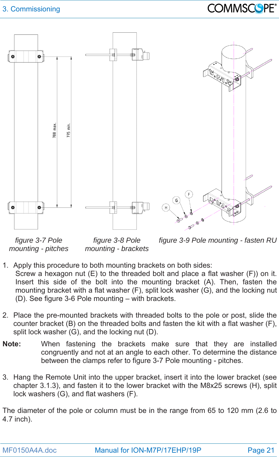 3. Commissioning  MF0150A4A.doc                   Manual for ION-M7P/17EHP/19P  Page 21   figure 3-7 Pole mounting - pitches  figure 3-8 Pole mounting - brackets  figure 3-9 Pole mounting - fasten RU 1.  Apply this procedure to both mounting brackets on both sides: Screw a hexagon nut (E) to the threaded bolt and place a flat washer (F)) on it. Insert this side of the bolt into the mounting bracket (A). Then, fasten the mounting bracket with a flat washer (F), split lock washer (G), and the locking nut (D). See figure 3-6 Pole mounting – with brackets.  2.  Place the pre-mounted brackets with threaded bolts to the pole or post, slide the counter bracket (B) on the threaded bolts and fasten the kit with a flat washer (F), split lock washer (G), and the locking nut (D). Note:  When fastening the brackets make sure that they are installed congruently and not at an angle to each other. To determine the distance between the clamps refer to figure 3-7 Pole mounting - pitches.  3.  Hang the Remote Unit into the upper bracket, insert it into the lower bracket (see chapter 3.1.3), and fasten it to the lower bracket with the M8x25 screws (H), split lock washers (G), and flat washers (F).  The diameter of the pole or column must be in the range from 65 to 120 mm (2.6 to 4.7 inch). 