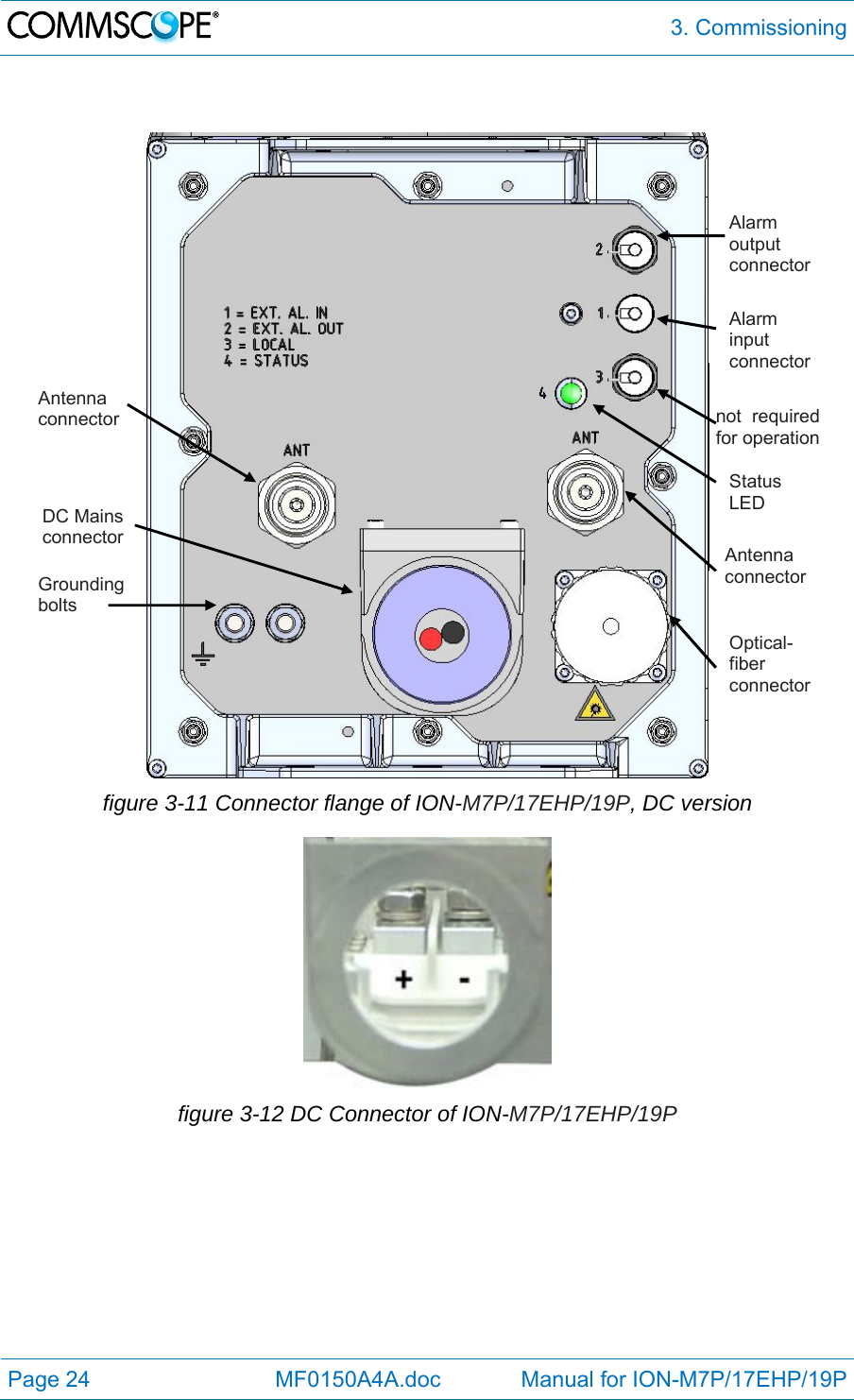  3. Commissioning Page 24            MF0150A4A.doc             Manual for ION-M7P/17EHP/19P    figure 3-11 Connector flange of ION-M7P/17EHP/19P, DC version  figure 3-12 DC Connector of ION-M7P/17EHP/19P    DC Mains connector Grounding bolts Optical-fiber connector Status LED Antenna connector  Alarm input connector Alarm output connector not requiredfor operationAntenna connector 