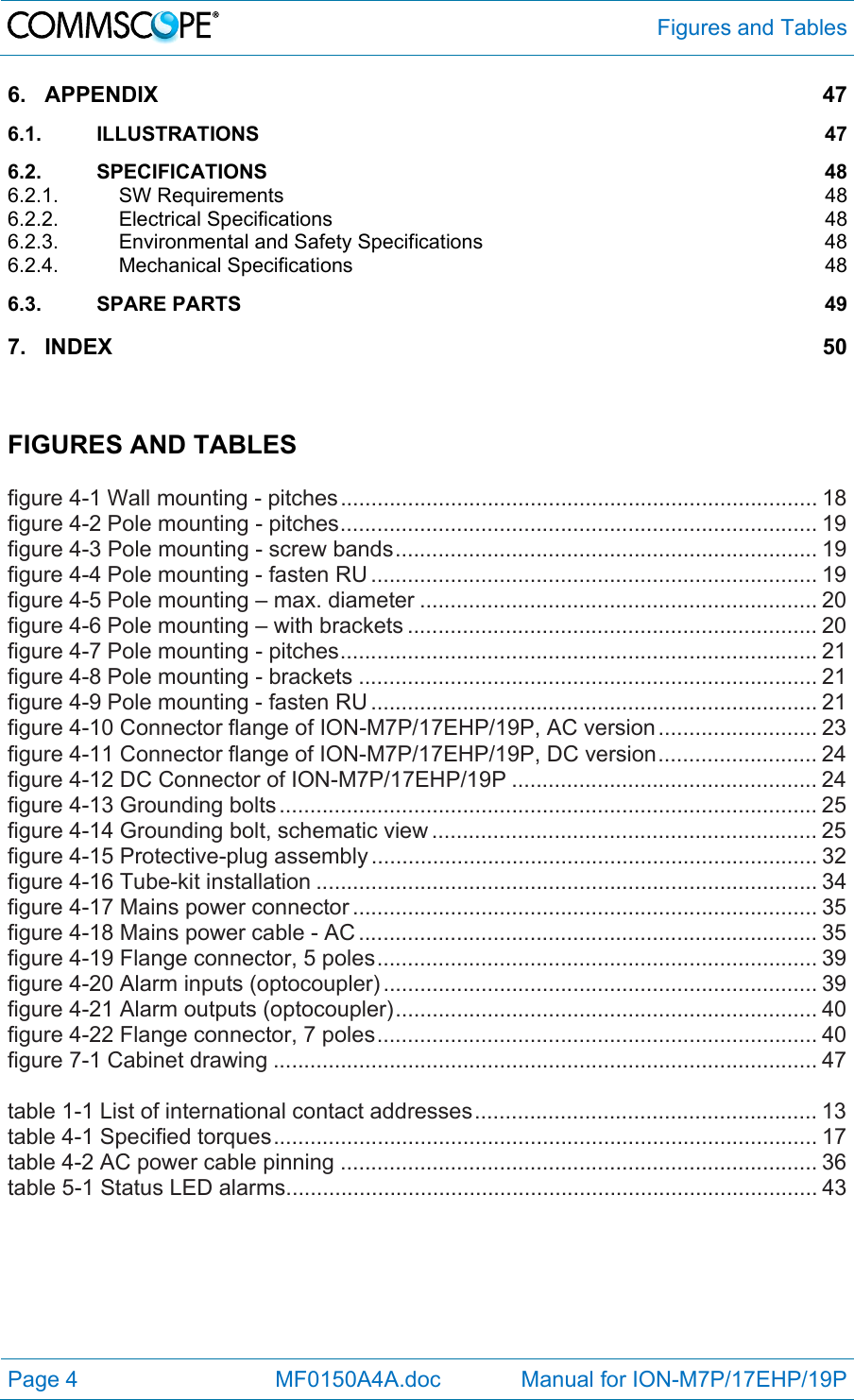  Figures and Tables Page 4            MF0150A4A.doc             Manual for ION-M7P/17EHP/19P 6.APPENDIX 476.1.ILLUSTRATIONS 476.2.SPECIFICATIONS 486.2.1.SW Requirements  486.2.2.Electrical Specifications  486.2.3.Environmental and Safety Specifications  486.2.4.Mechanical Specifications  486.3.SPARE PARTS  497.INDEX 50   FIGURES AND TABLES  figure 4-1 Wall mounting - pitches .............................................................................. 18figure 4-2 Pole mounting - pitches .............................................................................. 19figure 4-3 Pole mounting - screw bands ..................................................................... 19figure 4-4 Pole mounting - fasten RU ......................................................................... 19figure 4-5 Pole mounting – max. diameter ................................................................. 20figure 4-6 Pole mounting – with brackets ................................................................... 20figure 4-7 Pole mounting - pitches .............................................................................. 21figure 4-8 Pole mounting - brackets ........................................................................... 21figure 4-9 Pole mounting - fasten RU ......................................................................... 21figure 4-10 Connector flange of ION-M7P/17EHP/19P, AC version .......................... 23figure 4-11 Connector flange of ION-M7P/17EHP/19P, DC version .......................... 24figure 4-12 DC Connector of ION-M7P/17EHP/19P .................................................. 24figure 4-13 Grounding bolts ........................................................................................ 25figure 4-14 Grounding bolt, schematic view ............................................................... 25figure 4-15 Protective-plug assembly ......................................................................... 32figure 4-16 Tube-kit installation .................................................................................. 34figure 4-17 Mains power connector ............................................................................ 35figure 4-18 Mains power cable - AC ........................................................................... 35figure 4-19 Flange connector, 5 poles ........................................................................ 39figure 4-20 Alarm inputs (optocoupler) ....................................................................... 39figure 4-21 Alarm outputs (optocoupler) ..................................................................... 40figure 4-22 Flange connector, 7 poles ........................................................................ 40figure 7-1 Cabinet drawing ......................................................................................... 47 table 1-1 List of international contact addresses ........................................................ 13table 4-1 Specified torques ......................................................................................... 17table 4-2 AC power cable pinning .............................................................................. 36table 5-1 Status LED alarms ....................................................................................... 43 