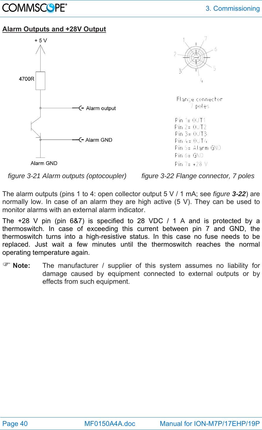  3. Commissioning Page 40            MF0150A4A.doc             Manual for ION-M7P/17EHP/19P Alarm Outputs and +28V Output   figure 3-21 Alarm outputs (optocoupler)  figure 3-22 Flange connector, 7 poles The alarm outputs (pins 1 to 4: open collector output 5 V / 1 mA; see figure 3-22) are normally low. In case of an alarm they are high active (5 V). They can be used to monitor alarms with an external alarm indicator.  The +28 V pin (pin 6&amp;7) is specified to 28 VDC / 1 A and is protected by a thermoswitch. In case of exceeding this current between pin 7 and GND, the thermoswitch turns into a high-resistive status. In this case no fuse needs to be replaced. Just wait a few minutes until the thermoswitch reaches the normal operating temperature again.   Note:  The manufacturer / supplier of this system assumes no liability for damage caused by equipment connected to external outputs or by effects from such equipment.   