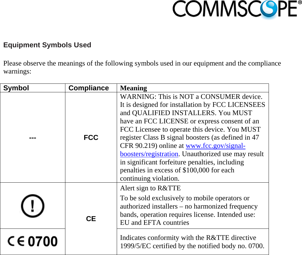                             Equipment Symbols Used  Please observe the meanings of the following symbols used in our equipment and the compliance warnings:  Symbol Compliance Meaning --- FCC WARNING: This is NOT a CONSUMER device. It is designed for installation by FCC LICENSEES and QUALIFIED INSTALLERS. You MUST have an FCC LICENSE or express consent of an FCC Licensee to operate this device. You MUST register Class B signal boosters (as defined in 47 CFR 90.219) online at www.fcc.gov/signal-boosters/registration. Unauthorized use may result in significant forfeiture penalties, including penalties in excess of $100,000 for each continuing violation.  CE Alert sign to R&amp;TTE To be sold exclusively to mobile operators or authorized installers – no harmonized frequency bands, operation requires license. Intended use: EU and EFTA countries  Indicates conformity with the R&amp;TTE directive 1999/5/EC certified by the notified body no. 0700.   