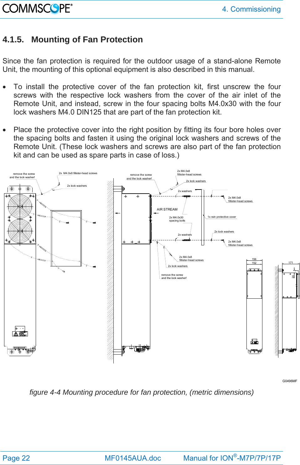  4. Commissioning Page 22              MF0145AUA.doc           Manual for ION®-M7P/7P/17P 4.1.5.  Mounting of Fan Protection  Since the fan protection is required for the outdoor usage of a stand-alone Remote Unit, the mounting of this optional equipment is also described in this manual.    To install the protective cover of the fan protection kit, first unscrew the four screws with the respective lock washers from the cover of the air inlet of the Remote Unit, and instead, screw in the four spacing bolts M4.0x30 with the four lock washers M4.0 DIN125 that are part of the fan protection kit.    Place the protective cover into the right position by fitting its four bore holes over the spacing bolts and fasten it using the original lock washers and screws of the Remote Unit. (These lock washers and screws are also part of the fan protection kit and can be used as spare parts in case of loss.)  2x M4.0x8fillister-head screws2x lock washersremove the screwand the lock washer!2x lock washers2x M4.0x8fillister-head screwsremove the screwand the lock washer!2x M4.0x8fillister-head screws1x rain protective cover2x lock washers2x M4.0x8fillister-head screws2x  M4.0x8 fillister-head screws2x lock washersremove the screwand the lock washer!2x washers2x washers156152 17120AIR STREAM2x M4.0x30spacing boltsG0496MF  figure 4-4 Mounting procedure for fan protection, (metric dimensions)  