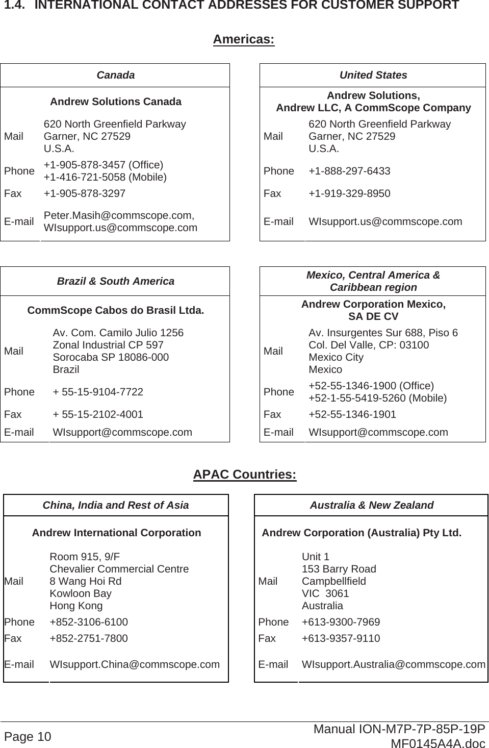  Page 10  Manual ION-M7P-7P-85P-19P MF0145A4A.doc 1.4.  INTERNATIONAL CONTACT ADDRESSES FOR CUSTOMER SUPPORT  Americas:  Canada United States Andrew Solutions Canada  Andrew Solutions,  Andrew LLC, A CommScope Company Mail  620 North Greenfield Parkway Garner, NC 27529 U.S.A.  Mail  620 North Greenfield Parkway Garner, NC 27529 U.S.A. Phone  +1-905-878-3457 (Office) +1-416-721-5058 (Mobile) Phone +1-888-297-6433 Fax +1-905-878-3297  Fax  +1-919-329-8950 E-mail  Peter.Masih@commscope.com, WIsupport.us@commscope.com  E-mail WIsupport.us@commscope.com   Brazil &amp; South America  Mexico, Central America &amp;  Caribbean region CommScope Cabos do Brasil Ltda.  Andrew Corporation Mexico,  SA DE CV Mail Av. Com. Camilo Julio 1256 Zonal Industrial CP 597 Sorocaba SP 18086-000 Brazil Mail Av. Insurgentes Sur 688, Piso 6 Col. Del Valle, CP: 03100 Mexico City Mexico Phone + 55-15-9104-7722  Phone +52-55-1346-1900 (Office) +52-1-55-5419-5260 (Mobile) Fax + 55-15-2102-4001  Fax +52-55-1346-1901 E-mail WIsupport@commscope.com  E-mail WIsupport@commscope.com   APAC Countries:  China, India and Rest of Asia  Australia &amp; New Zealand Andrew International Corporation  Andrew Corporation (Australia) Pty Ltd. Mail Room 915, 9/F  Chevalier Commercial Centre 8 Wang Hoi Rd Kowloon Bay  Hong Kong Mail Unit 1 153 Barry Road Campbellfield  VIC  3061 Australia Phone +852-3106-6100  Phone +613-9300-7969 Fax +852-2751-7800  Fax +613-9357-9110 E-mail WIsupport.China@commscope.com  E-mail WIsupport.Australia@commscope.com 
