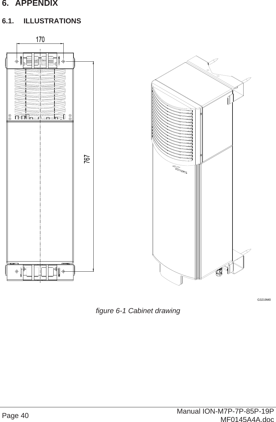  6.  APPENDIX 6.1.  ILLUSTRATIONS  G3219M0  figure 6-1 Cabinet drawing  Page 40  Manual ION-M7P-7P-85P-19P MF0145A4A.doc 