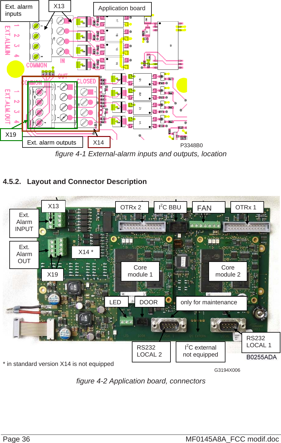  Page 36  MF0145A8A_FCC modif.doc      figure 4-1 External-alarm inputs and outputs, location   4.5.2.  Layout and Connector Description    * in standard version X14 is not equipped  G3194X006 figure 4-2 Application board, connectors  Ext. alarm  inputs  X13  Application board X19 Ext. alarm outputs  X14  P3348B0X13  I2C BBUFANOTRx 2 OTRx 1 Ext. Alarm INPUT Ext.  Alarm OUT X14 * Core module 1  Core module 2 X19 LED DOOR only for maintenance RS232 LOCAL 1 I2C external not equipped RS232 LOCAL 2 