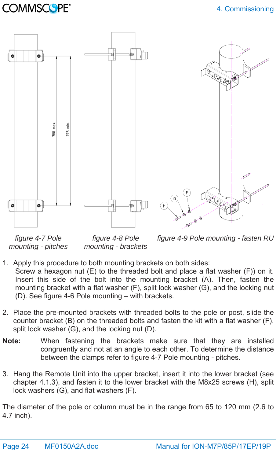  4. Commissioning Page 24   MF0150A2A.doc                             Manual for ION-M7P/85P/17EP/19P    figure 4-7 Pole mounting - pitches  figure 4-8 Pole mounting - brackets  figure 4-9 Pole mounting - fasten RU 1.  Apply this procedure to both mounting brackets on both sides: Screw a hexagon nut (E) to the threaded bolt and place a flat washer (F)) on it. Insert this side of the bolt into the mounting bracket (A). Then, fasten the mounting bracket with a flat washer (F), split lock washer (G), and the locking nut (D). See figure 4-6 Pole mounting – with brackets.  2.  Place the pre-mounted brackets with threaded bolts to the pole or post, slide the counter bracket (B) on the threaded bolts and fasten the kit with a flat washer (F), split lock washer (G), and the locking nut (D). Note:  When fastening the brackets make sure that they are installed congruently and not at an angle to each other. To determine the distance between the clamps refer to figure 4-7 Pole mounting - pitches.  3.  Hang the Remote Unit into the upper bracket, insert it into the lower bracket (see chapter 4.1.3), and fasten it to the lower bracket with the M8x25 screws (H), split lock washers (G), and flat washers (F).  The diameter of the pole or column must be in the range from 65 to 120 mm (2.6 to 4.7 inch). 