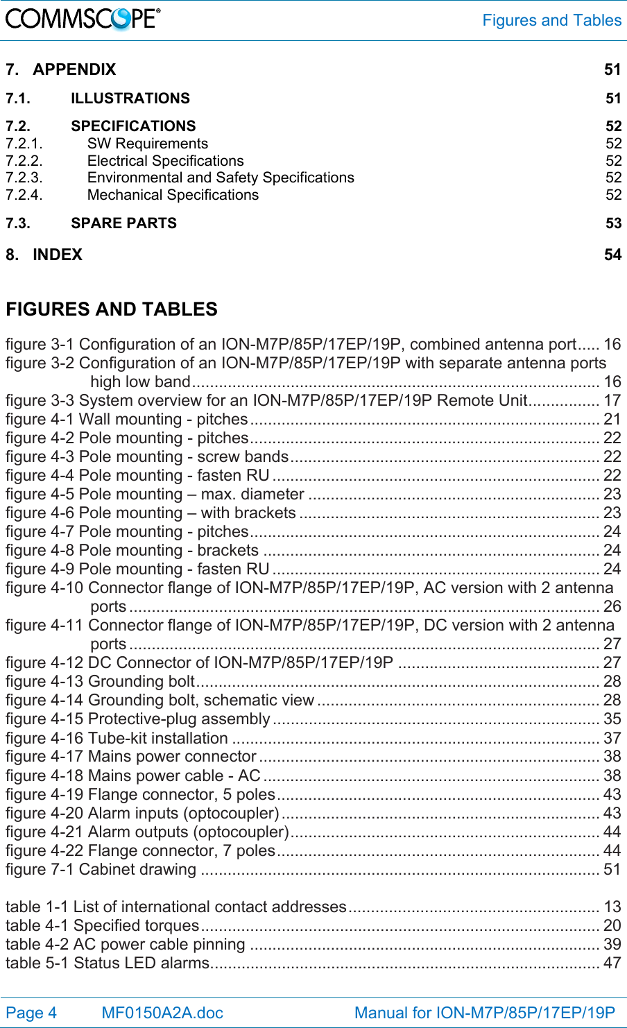  Figures and Tables Page 4   MF0150A2A.doc                             Manual for ION-M7P/85P/17EP/19P  7.APPENDIX 517.1.ILLUSTRATIONS 517.2.SPECIFICATIONS 527.2.1.SW Requirements  527.2.2.Electrical Specifications  527.2.3.Environmental and Safety Specifications  527.2.4.Mechanical Specifications  527.3.SPARE PARTS  538.INDEX 54  FIGURES AND TABLES  figure 3-1 Configuration of an ION-M7P/85P/17EP/19P, combined antenna port ..... 16figure 3-2 Configuration of an ION-M7P/85P/17EP/19P with separate antenna ports high low band ........................................................................................... 16figure 3-3 System overview for an ION-M7P/85P/17EP/19P Remote Unit ................ 17figure 4-1 Wall mounting - pitches .............................................................................. 21figure 4-2 Pole mounting - pitches .............................................................................. 22figure 4-3 Pole mounting - screw bands ..................................................................... 22figure 4-4 Pole mounting - fasten RU ......................................................................... 22figure 4-5 Pole mounting – max. diameter ................................................................. 23figure 4-6 Pole mounting – with brackets ................................................................... 23figure 4-7 Pole mounting - pitches .............................................................................. 24figure 4-8 Pole mounting - brackets ........................................................................... 24figure 4-9 Pole mounting - fasten RU ......................................................................... 24figure 4-10 Connector flange of ION-M7P/85P/17EP/19P, AC version with 2 antenna ports ......................................................................................................... 26figure 4-11 Connector flange of ION-M7P/85P/17EP/19P, DC version with 2 antenna ports ......................................................................................................... 27figure 4-12 DC Connector of ION-M7P/85P/17EP/19P ............................................. 27figure 4-13 Grounding bolt .......................................................................................... 28figure 4-14 Grounding bolt, schematic view ............................................................... 28figure 4-15 Protective-plug assembly ......................................................................... 35figure 4-16 Tube-kit installation .................................................................................. 37figure 4-17 Mains power connector ............................................................................ 38figure 4-18 Mains power cable - AC ........................................................................... 38figure 4-19 Flange connector, 5 poles ........................................................................ 43figure 4-20 Alarm inputs (optocoupler) ....................................................................... 43figure 4-21 Alarm outputs (optocoupler) ..................................................................... 44figure 4-22 Flange connector, 7 poles ........................................................................ 44figure 7-1 Cabinet drawing ......................................................................................... 51 table 1-1 List of international contact addresses ........................................................ 13table 4-1 Specified torques ......................................................................................... 20table 4-2 AC power cable pinning .............................................................................. 39table 5-1 Status LED alarms ....................................................................................... 47 