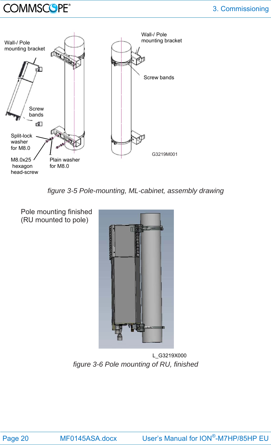  3. Commissioning Page 20  MF0145ASA.docx             User’s Manual for ION®-M7HP/85HP EU    figure 3-5 Pole-mounting, ML-cabinet, assembly drawing    figure 3-6 Pole mounting of RU, finished   L_G3219X000 Pole mounting finished (RU mounted to pole) G3219M001 Wall-/ Pole  mounting bracket Screw bands Plain washer for M8.0 Split-lock washer  for M8.0 M8.0x25  hexagon  head-screw Wall-/ Pole  mounting bracket Screw  bands   