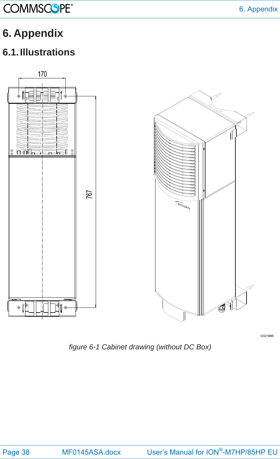  6. Appendix Page 38  MF0145ASA.docx             User’s Manual for ION®-M7HP/85HP EU 6. Appendix 6.1. Illustrations   figure 6-1 Cabinet drawing (without DC Box)   G3219M0