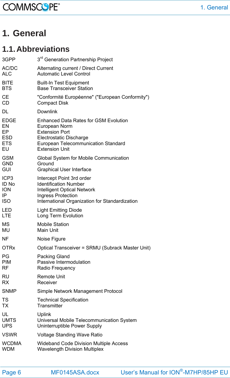  1. General Page 6  MF0145ASA.docx             User’s Manual for ION®-M7HP/85HP EU 1. General 1.1. Abbreviations 3GPP   3rd Generation Partnership Project AC/DC    Alternating current / Direct Current ALC   Automatic Level Control BITE   Built-In Test Equipment BTS   Base Transceiver Station CE   &quot;Conformité Européenne&quot; (&quot;European Conformity&quot;) CD   Compact Disk DL   Downlink EDGE    Enhanced Data Rates for GSM Evolution EN   European Norm EP   Extension Port ESD   Electrostatic Discharge ETS   European Telecommunication Standard EU   Extension Unit GSM    Global System for Mobile Communication GND   Ground GUI   Graphical User Interface ICP3    Intercept Point 3rd order ID No    Identification Number ION   Intelligent Optical Network IP   Ingress Protection ISO    International Organization for Standardization LED   Light Emitting Diode LTE    Long Term Evolution MS   Mobile Station MU   Main Unit NF   Noise Figure OTRx    Optical Transceiver = SRMU (Subrack Master Unit) PG   Packing Gland PIM   Passive Intermodulation RF   Radio Frequency RU   Remote Unit RX   Receiver SNMP    Simple Network Management Protocol TS   Technical Specification TX   Transmitter UL   Uplink UMTS   Universal Mobile Telecommunication System UPS   Uninterruptible Power Supply VSWR    Voltage Standing Wave Ratio WCDMA  Wideband Code Division Multiple Access WDM    Wavelength Division Multiplex   