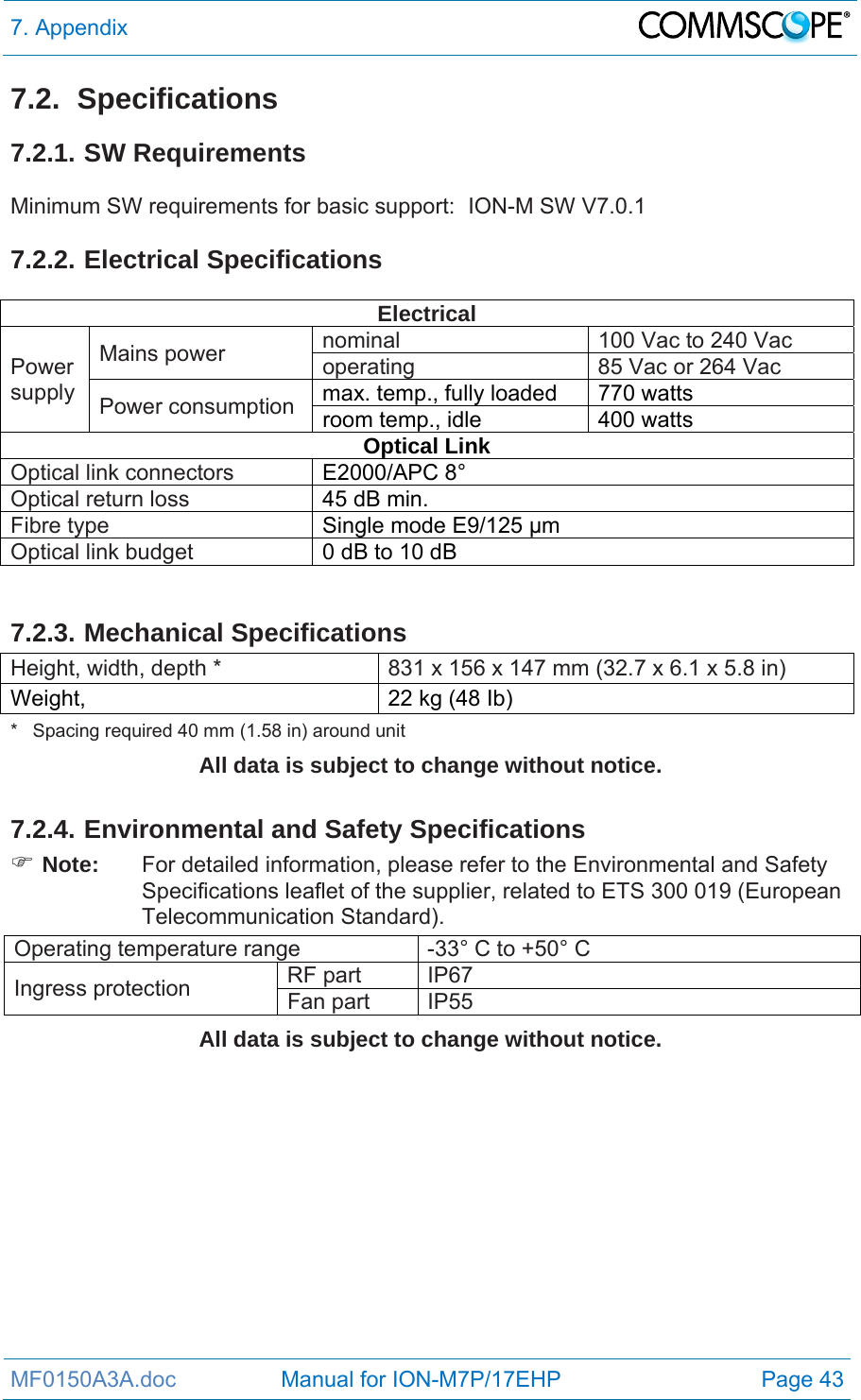 7. Appendix  MF0150A3A.doc                 Manual for ION-M7P/17EHP  Page 43 7.2. Specifications 7.2.1. SW Requirements  Minimum SW requirements for basic support:  ION-M SW V7.0.1   7.2.2. Electrical Specifications  Electrical Power supply Mains power  nominal  100 Vac to 240 Vac operating  85 Vac or 264 Vac Power consumption  max. temp., fully loaded  770 watts room temp., idle  400 watts Optical Link Optical link connectors  E2000/APC 8° Optical return loss  45 dB min. Fibre type  Single mode E9/125 µm Optical link budget  0 dB to 10 dB  7.2.3. Mechanical Specifications Height, width, depth *  831 x 156 x 147 mm (32.7 x 6.1 x 5.8 in) Weight,   22 kg (48 Ib) *   Spacing required 40 mm (1.58 in) around unit All data is subject to change without notice.  7.2.4. Environmental and Safety Specifications   Note:  For detailed information, please refer to the Environmental and Safety Specifications leaflet of the supplier, related to ETS 300 019 (European Telecommunication Standard). Operating temperature range  -33° C to +50° C  Ingress protection  RF part  IP67 Fan part  IP55 All data is subject to change without notice. 