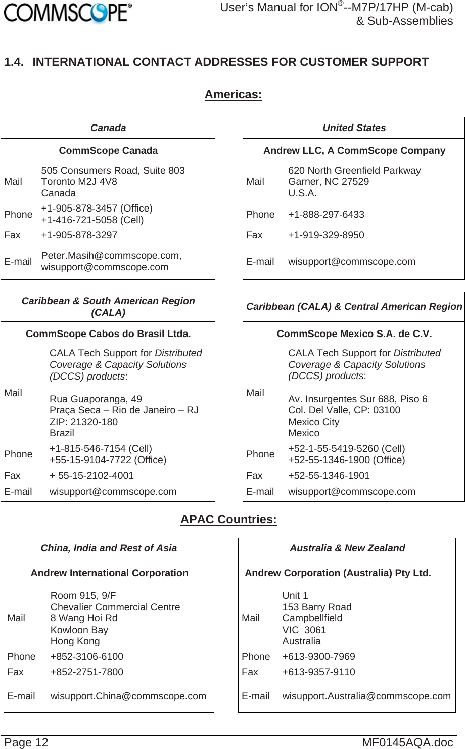  User’s Manual for ION®--M7P/17HP (M-cab) &amp; Sub-Assemblies Page 12  MF0145AQA.doc 1.4.  INTERNATIONAL CONTACT ADDRESSES FOR CUSTOMER SUPPORT  Americas:  Canada  United States CommScope Canada  Andrew LLC, A CommScope Company Mail  505 Consumers Road, Suite 803  Toronto M2J 4V8  Canada  Mail  620 North Greenfield Parkway Garner, NC 27529 U.S.A. Phone  +1-905-878-3457 (Office) +1-416-721-5058 (Cell) Phone +1-888-297-6433 Fax +1-905-878-3297  Fax  +1-919-329-8950 E-mail  Peter.Masih@commscope.com, wisupport@commscope.com  E-mail wisupport@commscope.com  Caribbean &amp; South American Region (CALA)  Caribbean (CALA) &amp; Central American Region CommScope Cabos do Brasil Ltda.  CommScope Mexico S.A. de C.V. Mail CALA Tech Support for Distributed Coverage &amp; Capacity Solutions (DCCS) products:  Rua Guaporanga, 49 Praça Seca – Rio de Janeiro – RJ ZIP: 21320-180 Brazil Mail CALA Tech Support for Distributed Coverage &amp; Capacity Solutions (DCCS) products:  Av. Insurgentes Sur 688, Piso 6 Col. Del Valle, CP: 03100 Mexico City Mexico Phone  +1-815-546-7154 (Cell) +55-15-9104-7722 (Office)  Phone  +52-1-55-5419-5260 (Cell) +52-55-1346-1900 (Office) Fax + 55-15-2102-4001  Fax +52-55-1346-1901 E-mail wisupport@commscope.com  E-mail wisupport@commscope.com  APAC Countries:  China, India and Rest of Asia  Australia &amp; New Zealand Andrew International Corporation  Andrew Corporation (Australia) Pty Ltd. Mail Room 915, 9/F  Chevalier Commercial Centre 8 Wang Hoi Rd Kowloon Bay  Hong Kong Mail Unit 1 153 Barry Road Campbellfield  VIC  3061 Australia Phone +852-3106-6100  Phone +613-9300-7969Fax +852-2751-7800  Fax +613-9357-9110 E-mail wisupport.China@commscope.com E-mail wisupport.Australia@commscope.com 