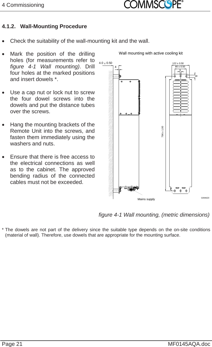4 Commissioning    Page 21  MF0145AQA.doc 4.1.2. Wall-Mounting Procedure    Check the suitability of the wall-mounting kit and the wall.    Mark the position of the drilling holes (for measurements refer to figure 4-1 Wall mounting). Drill four holes at the marked positions and insert dowels *.    Use a cap nut or lock nut to screw the four dowel screws into the dowels and put the distance tubes over the screws.    Hang the mounting brackets of the Remote Unit into the screws, and fasten them immediately using the washers and nuts.    Ensure that there is free access to the electrical connections as well as to the cabinet. The approved bending radius of the connected cables must not be exceeded.   Wall mounting with active cooling kit4.0  0.504Mains supply980 ± 0.50122 ± 0.5018796 ± 1.00G0946Z0 figure 4-1 Wall mounting, (metric dimensions) * The dowels are not part of the delivery since the suitable type depends on the on-site conditions (material of wall). Therefore, use dowels that are appropriate for the mounting surface.  