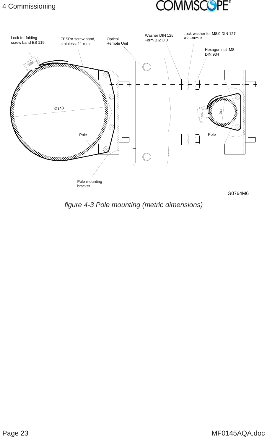 4 Commissioning    Page 23  MF0145AQA.doc  G0764M6Lock for folding screw band ES 119 TESPA screw band, stainless, 11 mm Optical Remote UnitWasher DIN 125 Form B Ø 8.0Lock washer for M8.0 DIN 127 A2 Form B Hexagon nut  M8 DIN 934PolePolePole-mounting bracketØ140Ø40 figure 4-3 Pole mounting (metric dimensions)   