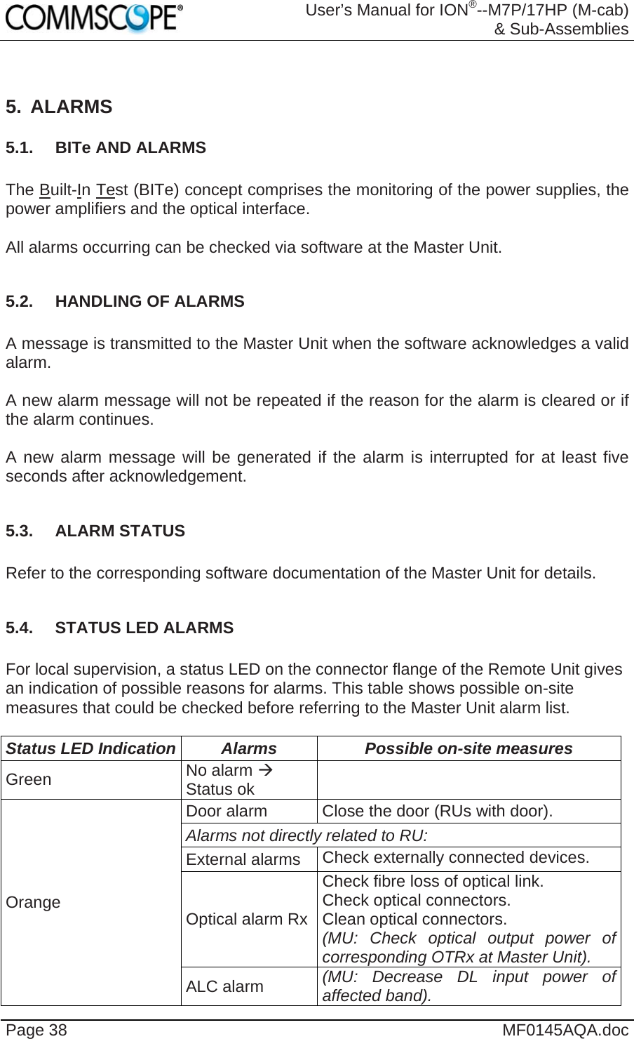  User’s Manual for ION®--M7P/17HP (M-cab) &amp; Sub-Assemblies Page 38  MF0145AQA.doc   5. ALARMS 5.1.  BITe AND ALARMS  The Built-In Test (BITe) concept comprises the monitoring of the power supplies, the power amplifiers and the optical interface.  All alarms occurring can be checked via software at the Master Unit.  5.2. HANDLING OF ALARMS  A message is transmitted to the Master Unit when the software acknowledges a valid alarm.  A new alarm message will not be repeated if the reason for the alarm is cleared or if the alarm continues.  A new alarm message will be generated if the alarm is interrupted for at least five seconds after acknowledgement.  5.3. ALARM STATUS  Refer to the corresponding software documentation of the Master Unit for details.  5.4.  STATUS LED ALARMS  For local supervision, a status LED on the connector flange of the Remote Unit gives an indication of possible reasons for alarms. This table shows possible on-site measures that could be checked before referring to the Master Unit alarm list.  Status LED Indication  Alarms  Possible on-site measures Green  No alarm  Status ok   Orange Door alarm  Close the door (RUs with door). Alarms not directly related to RU:  External alarms  Check externally connected devices. Optical alarm Rx Check fibre loss of optical link. Check optical connectors. Clean optical connectors. (MU: Check optical output power of corresponding OTRx at Master Unit). ALC alarm  (MU: Decrease DL input power of affected band). 