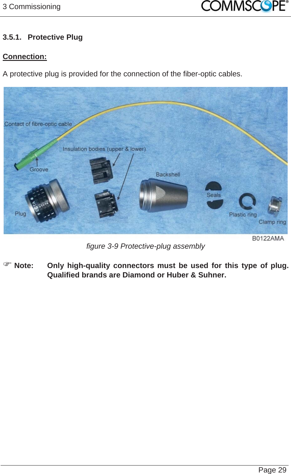 3 Commissioning   Page 293.5.1.  Protective Plug  Connection:  A protective plug is provided for the connection of the fiber-optic cables.   figure 3-9 Protective-plug assembly  ) Note:  Only high-quality connectors must be used for this type of plug. Qualified brands are Diamond or Huber &amp; Suhner.   